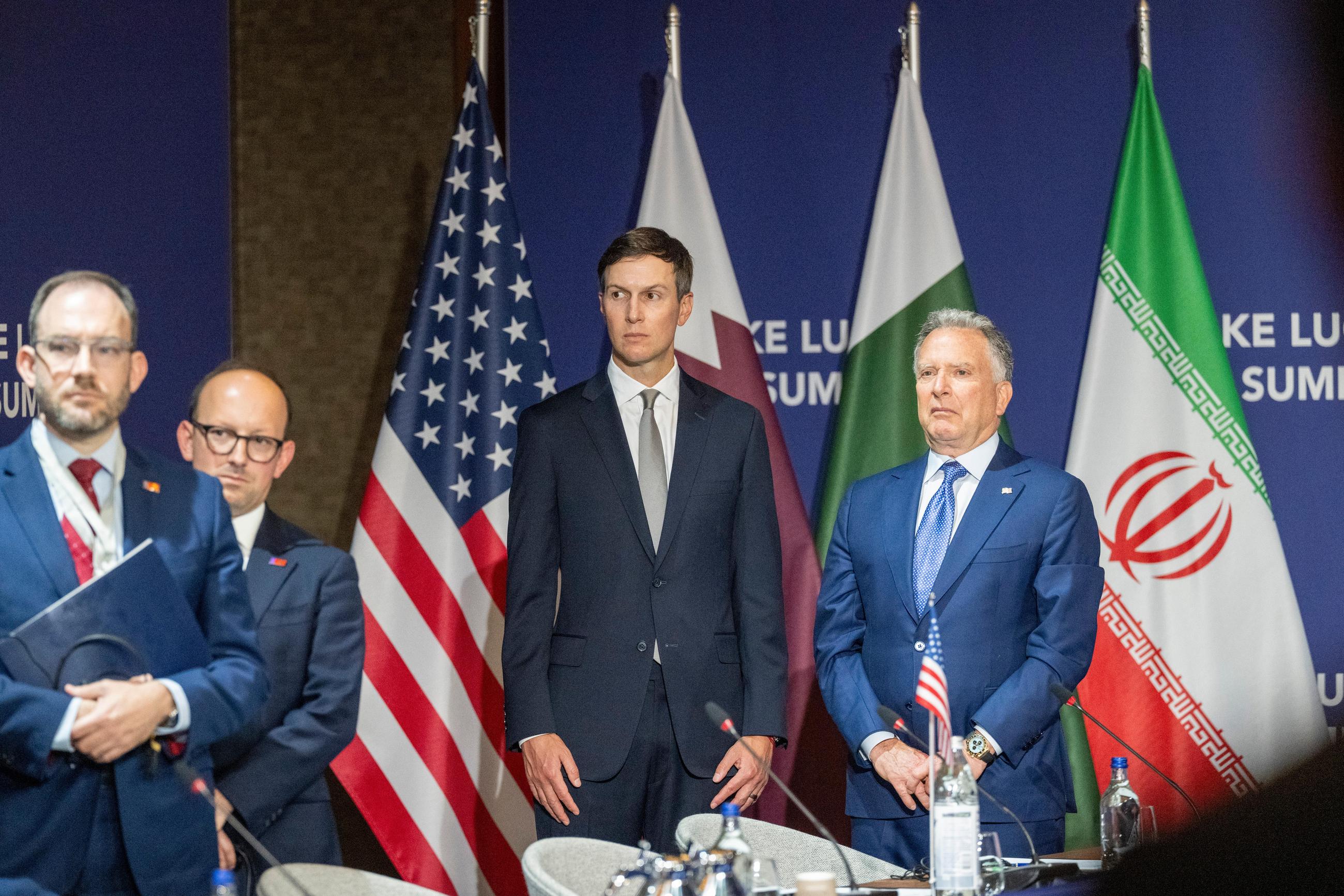 U.S. envoys Jared Kushner and Steve Witkoff at the Lake Lucerne Summit in Switzerland for U.S.-Iran negotiations on June 21. (Urs Flueeler, Pool Photo via AP)