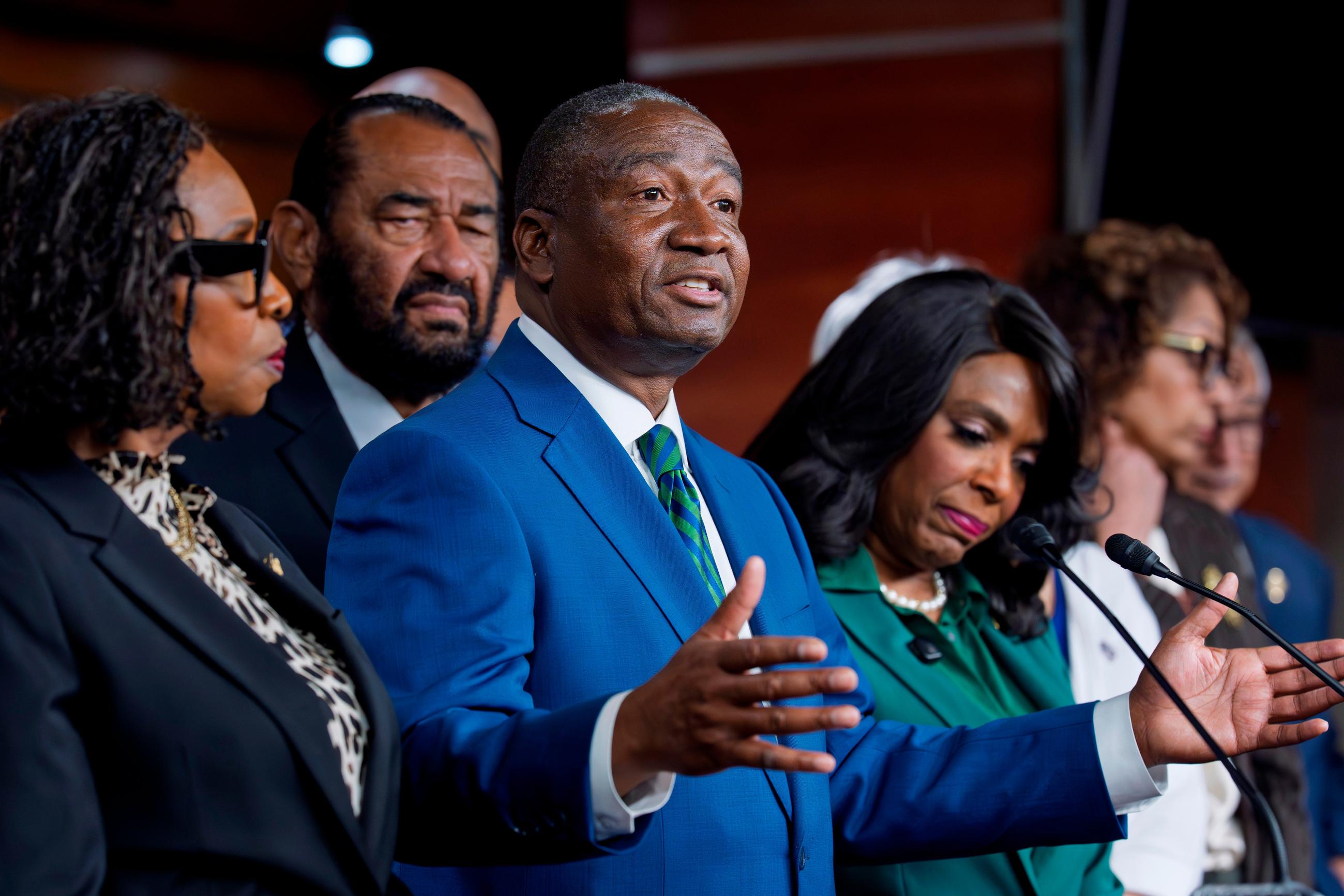 FILE - Rep. Cleo Fields, D-La., center, speaks to reporters at the Capitol in Washington on April 29, 2026. (AP Photo/J. Scott Applewhite, File)