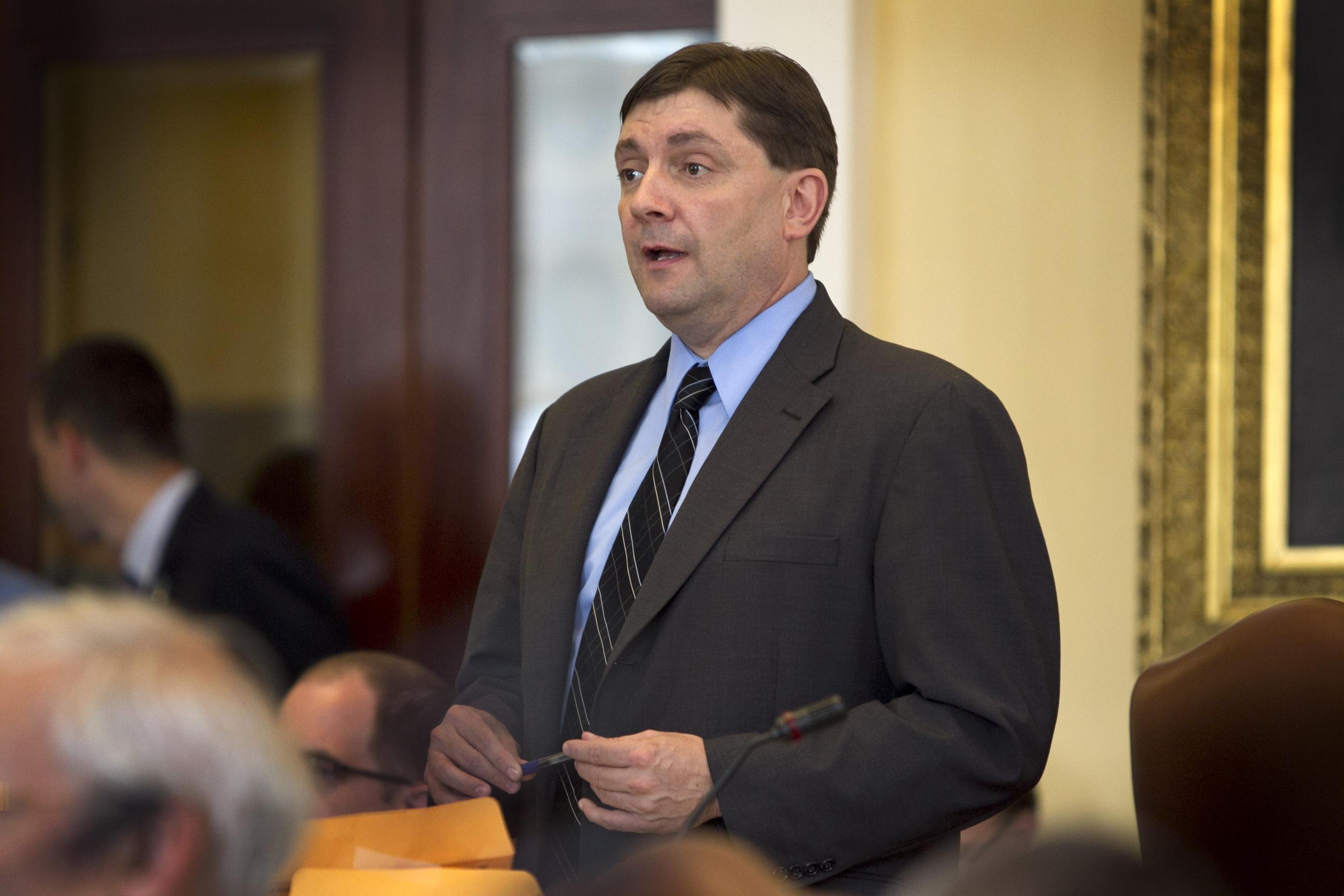 Sen. Troy Jackson, D-Aroostook County, speaks during debate over the state budget shortly before the Senate voted to override Gov. Paul LePage's veto, Wednesday, June 26, 2013, at the State House in Augusta, Maine. Last week Gov. LePage used a sexually vulgar phrase to criticize Jackson. (AP Photo/Robert F. Bukaty)