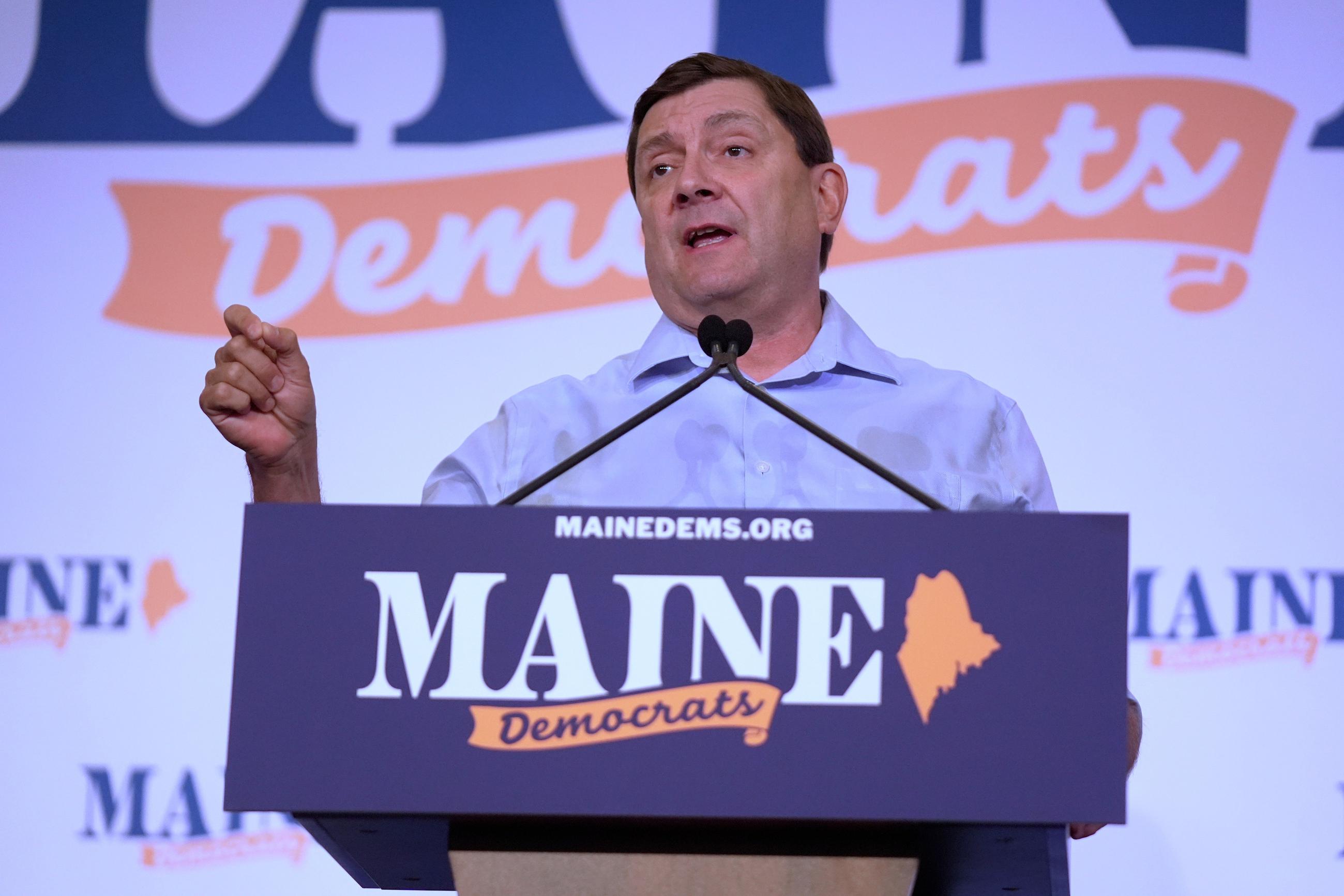 Troy Jackson, Democratic candidate for U.S. Senate, speaks at the Maine Democratic Nominating Convention, Saturday, July 25, 2026, in Bangor, Maine. (AP Photo/Robert F. Bukaty)