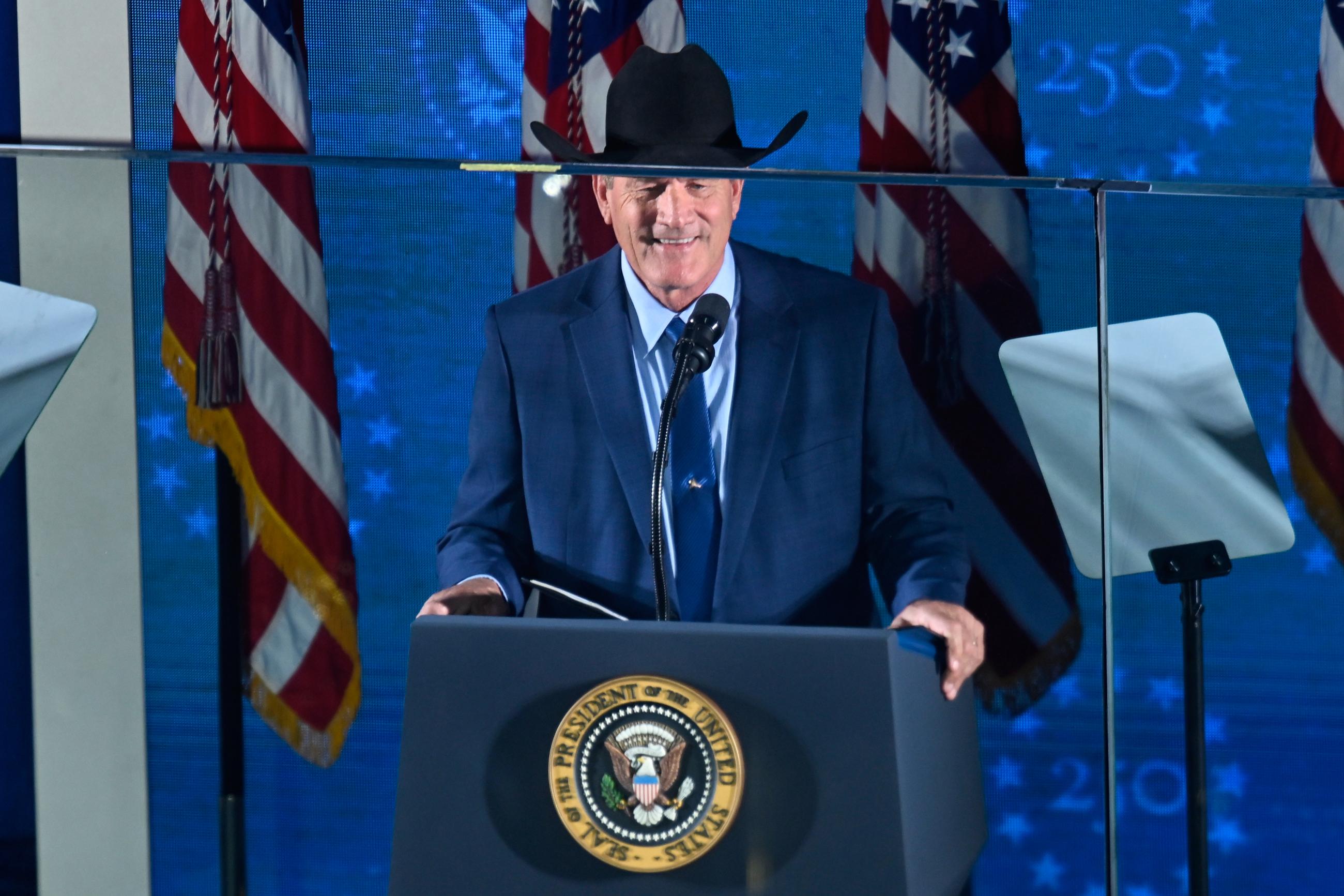 South Dakota Gov. Larry Rhoden speaks before President Trump at Mount Rushmore National Memorial near Keystone, S.D., on July 3. (AP Photo/Matt Gade)