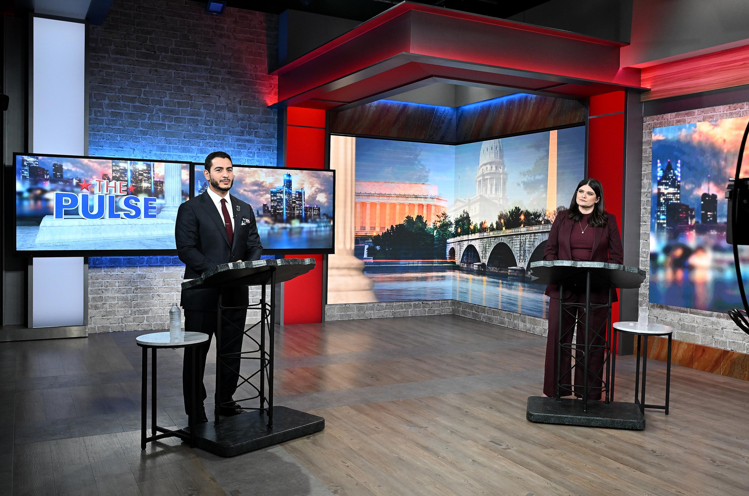 U.S. Senate candidates Abdul El-Sayed, left, and U.S. Rep. Haley Stevens participate in a televised debate, Monday, July 27, 2026, in Southfield, Mich. (Robin Buckson/Detroit News via AP, Pool)
