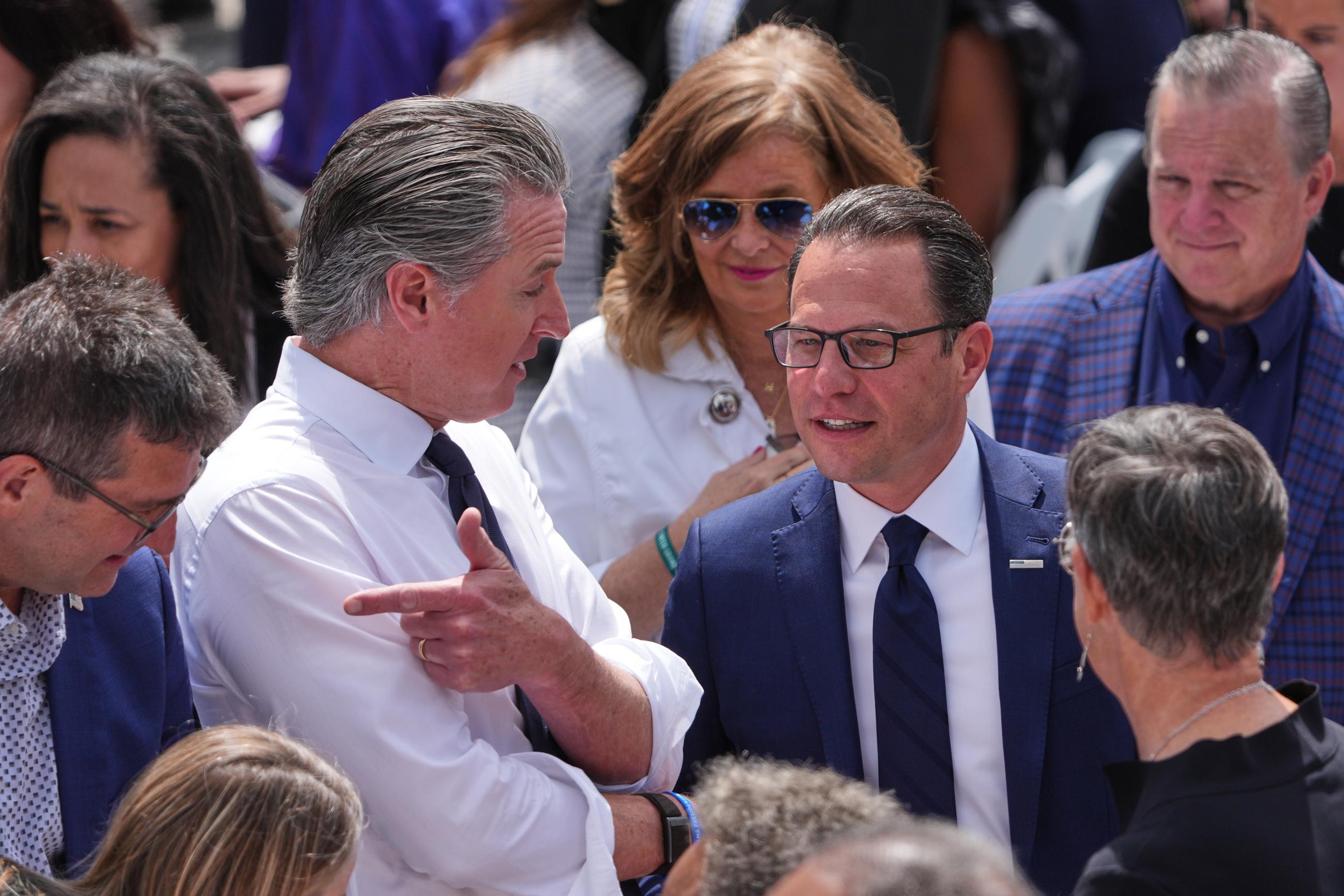 California Gov. Gavin Newsom and Pennsylvania Gov. Josh Shapiro at the Obama Presidential Center dedication ceremony in Chicago on June 18 (AP Photo/Jeff Roberson)