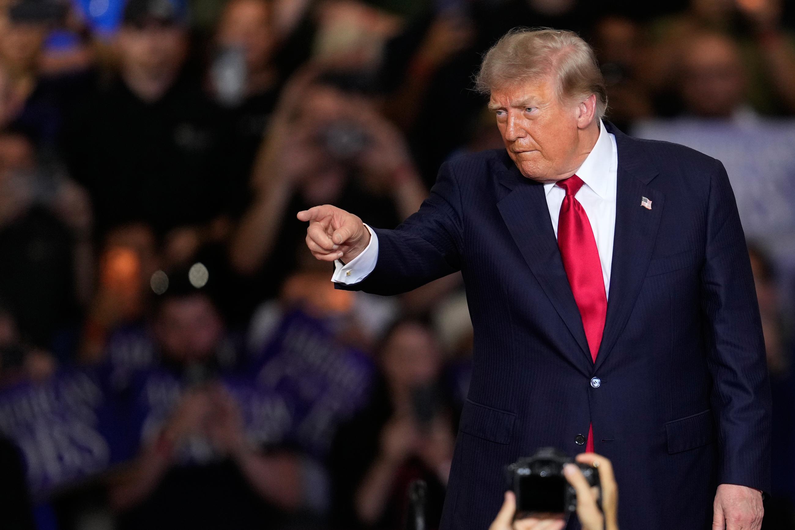 President Donald Trump gestures after speaking at an event at the General Motors Proving Ground Monday, July 27, 2026, in Milford, Mich. (AP Photo/Paul Sancya)