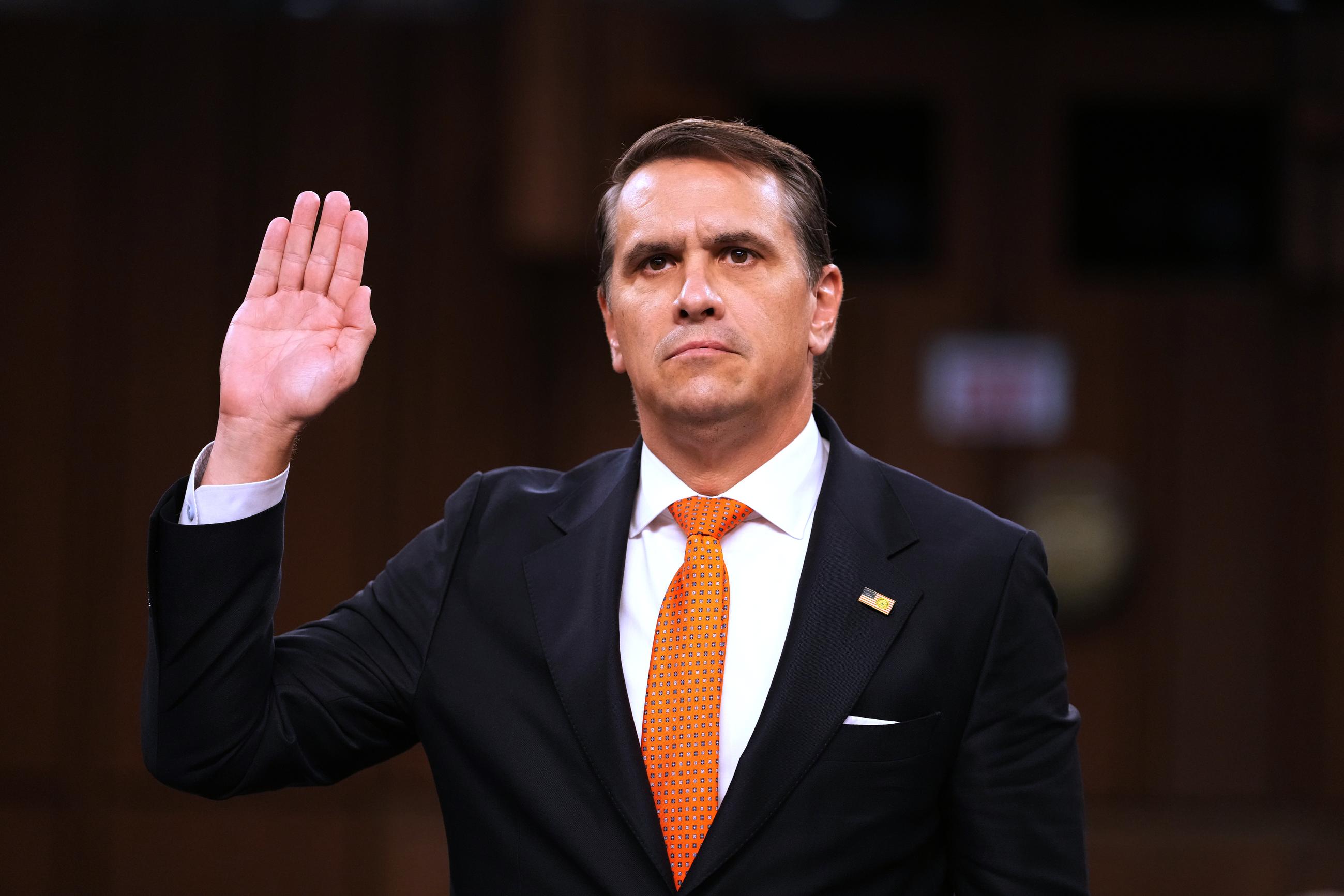 FILE - Acting Attorney General Todd Blanche is sworn in as he appears before the Senate Judiciary Committee on Capitol Hill in Washington, July 15, 2026. (AP Photo/Mark Schiefelbein, File)