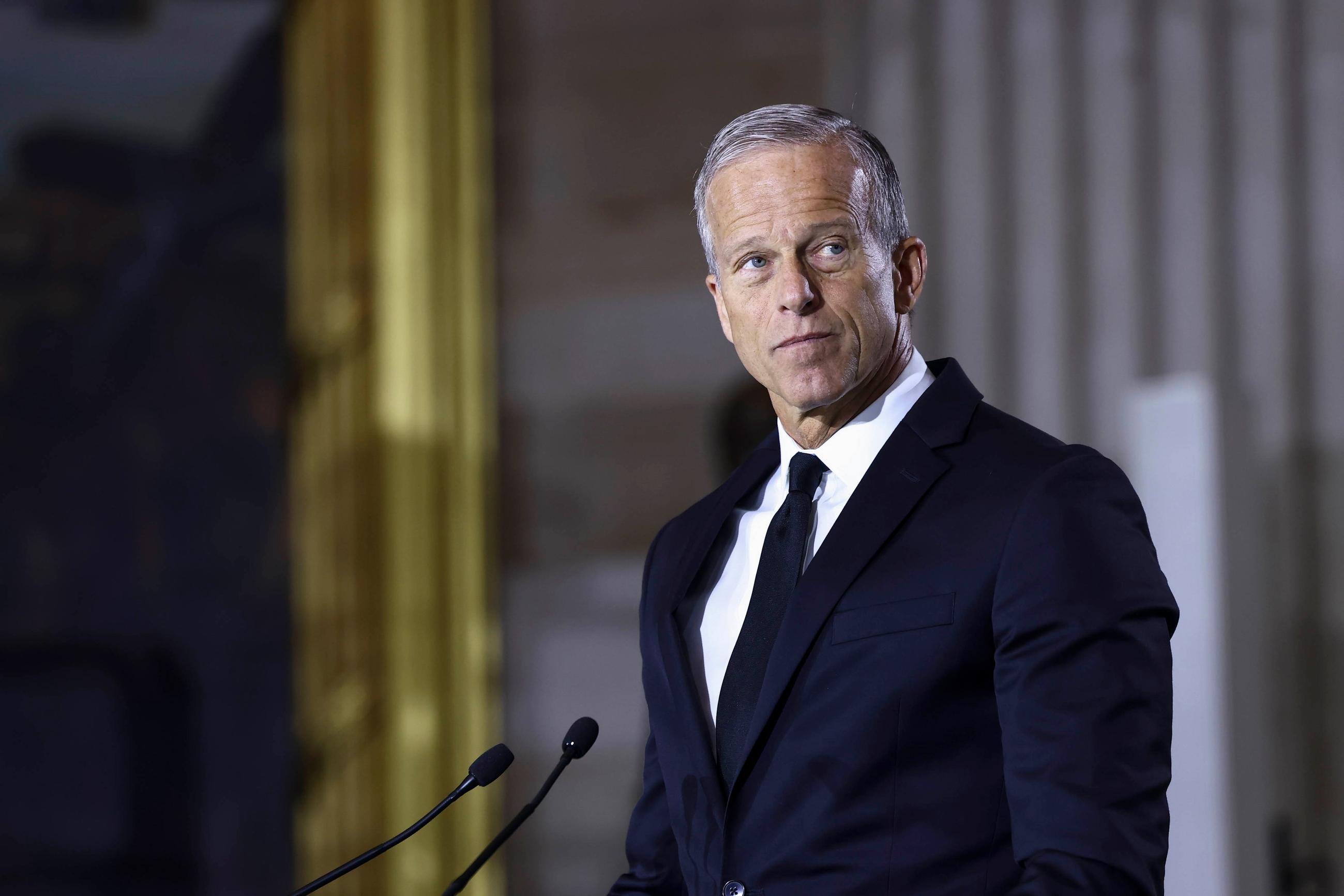 Senate Majority Leader John Thune, R-S.D., delivers remarks during a congressional tribute to the late Sen. Lindsey Graham, R-S.C., in the Rotunda of the U.S. Capitol, Tuesday, July 28, 2026, in Washington. (Jim Lo Scalzo/Pool via AP)