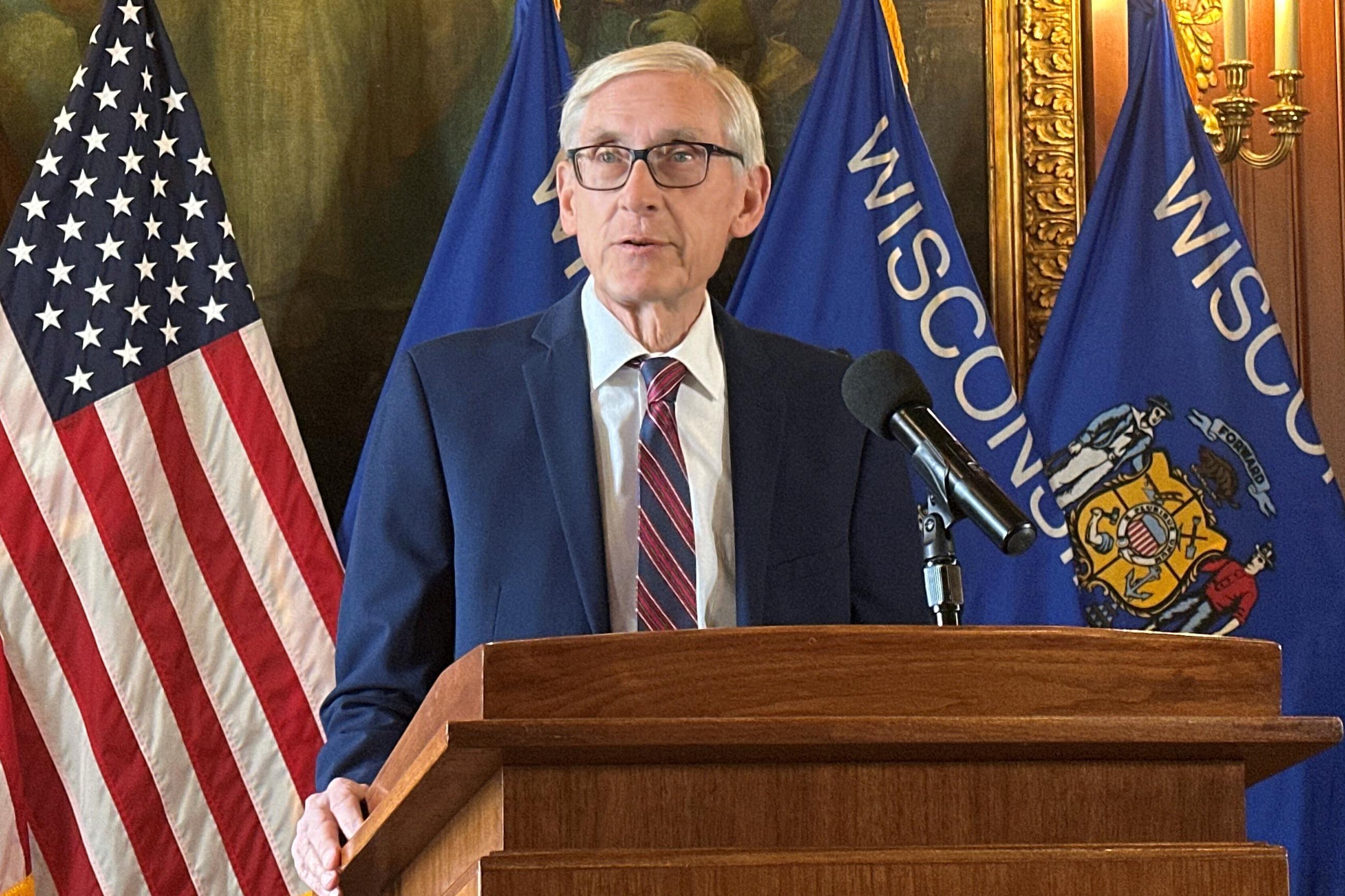FILE - Wisconsin Gov. Tony Evers speaks during a news conference, Jan. 12, 2026, in Madison, Wis. (AP Photo/Scott Bauer, File)