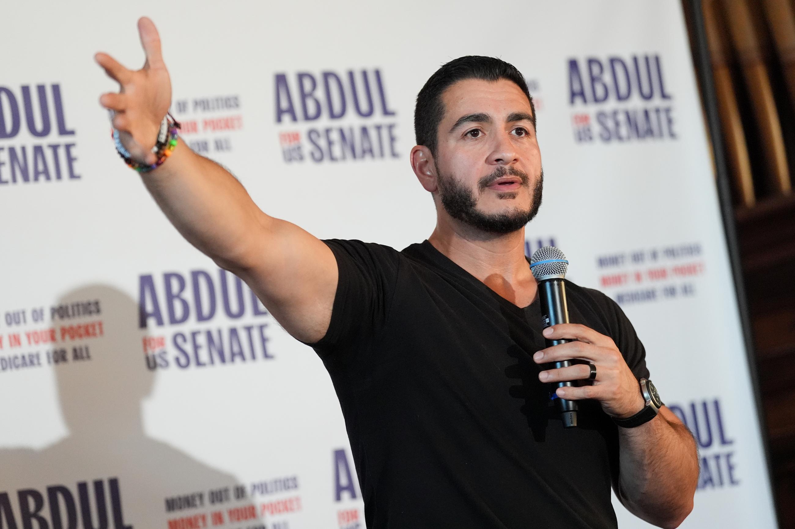 Abdul El-Sayed, a progressive candidate in the Democratic primary for U.S. Senate in Michigan, speaks during a campaign rally at a coffee shop, Monday, Aug. 3, 2026, in Detroit. (AP Photo/Julia Demaree Nikhinson)
