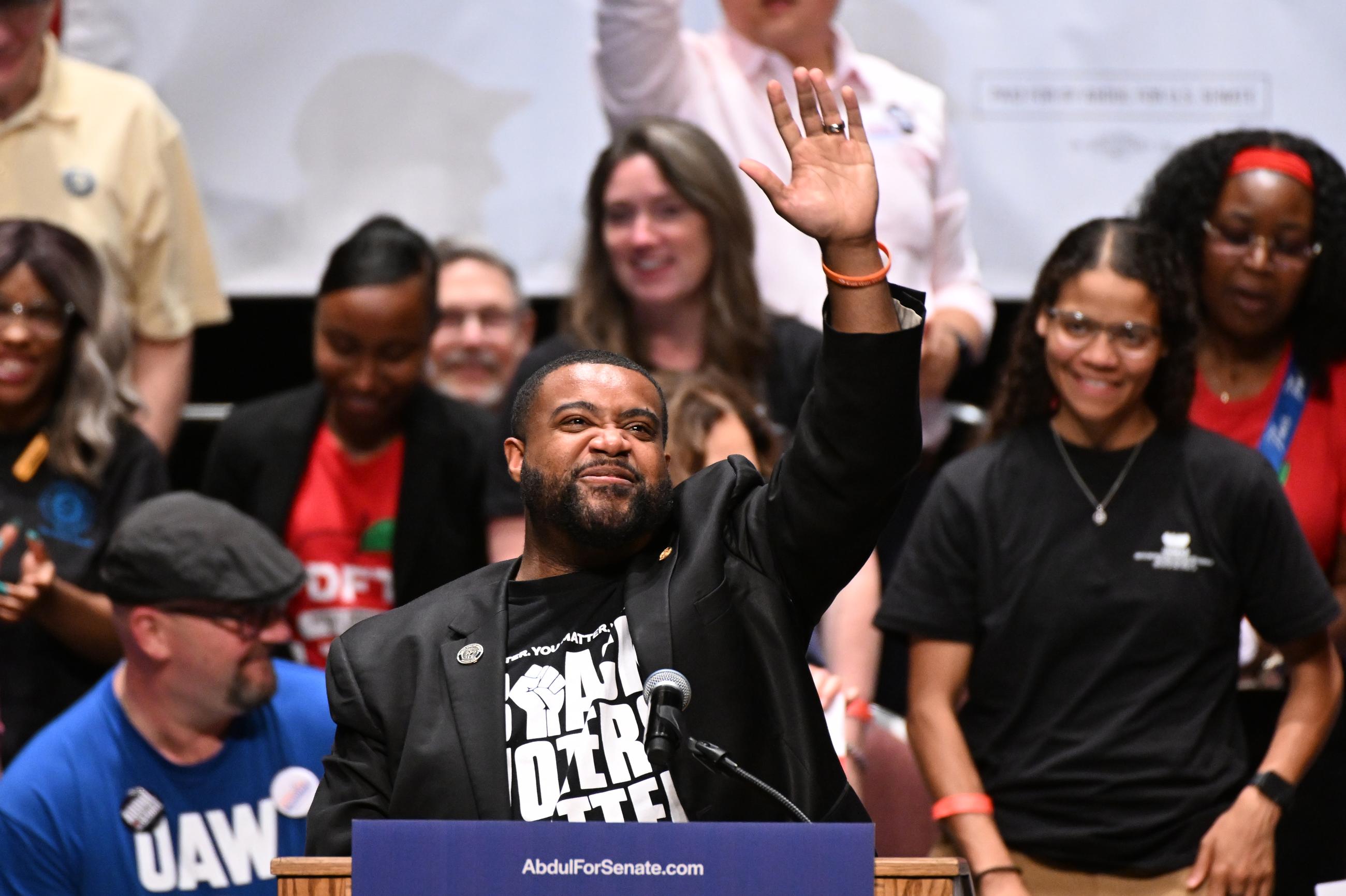 Michigan state Rep. Donavan McKinney, D-Detroit, waves to the crowd during a campaign rally for Michigan Democratic U.S. Senate primary candidate Abdul El-Sayed, Saturday, July 18, 2026, in Detroit. (AP Photo/Jose Juarez)