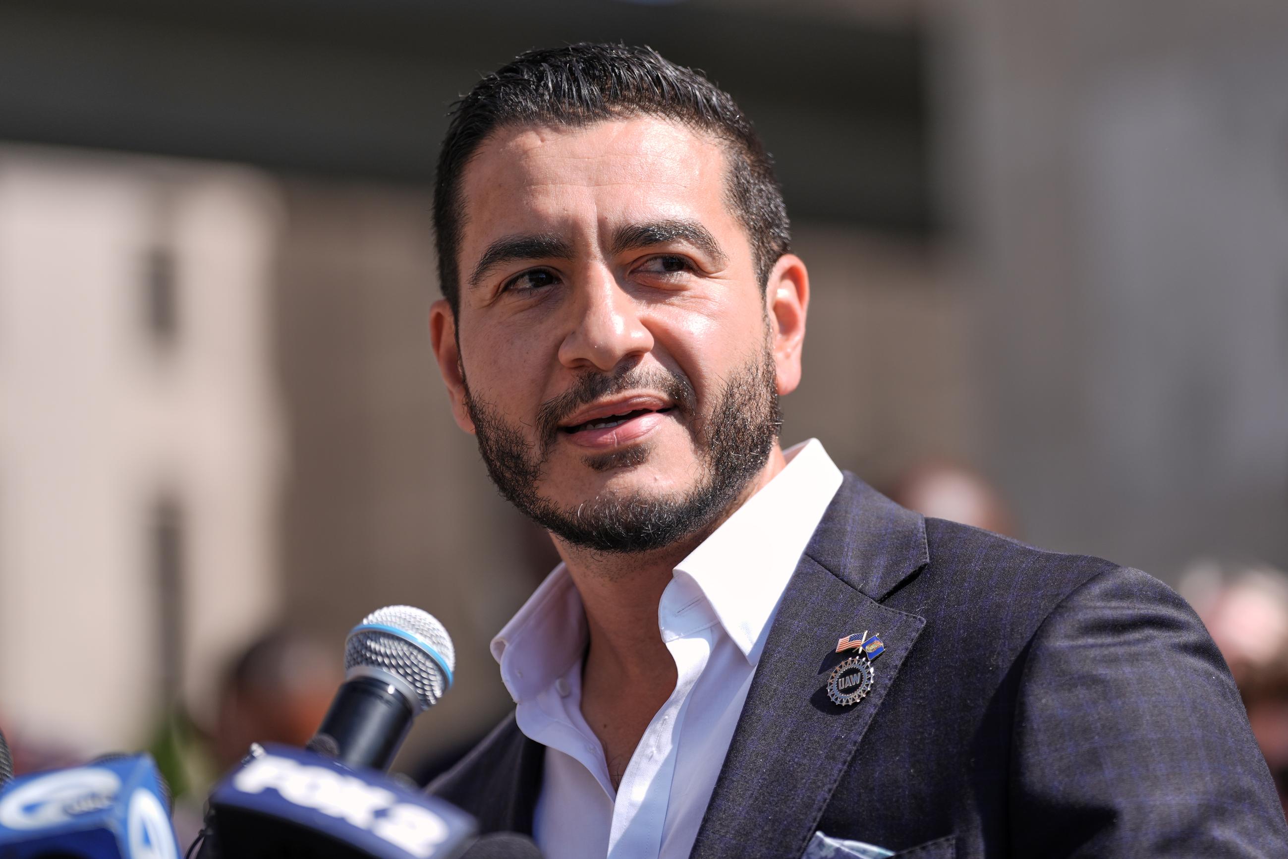Abdul El-Sayed speaks during a news conference at the Spirit of Detroit shortly after winning the Democratic nomination for U.S. Senate in Michigan, Wednesday, Aug. 5, 2026, in Detroit. (AP Photo/Julia Demaree Nikhinson)