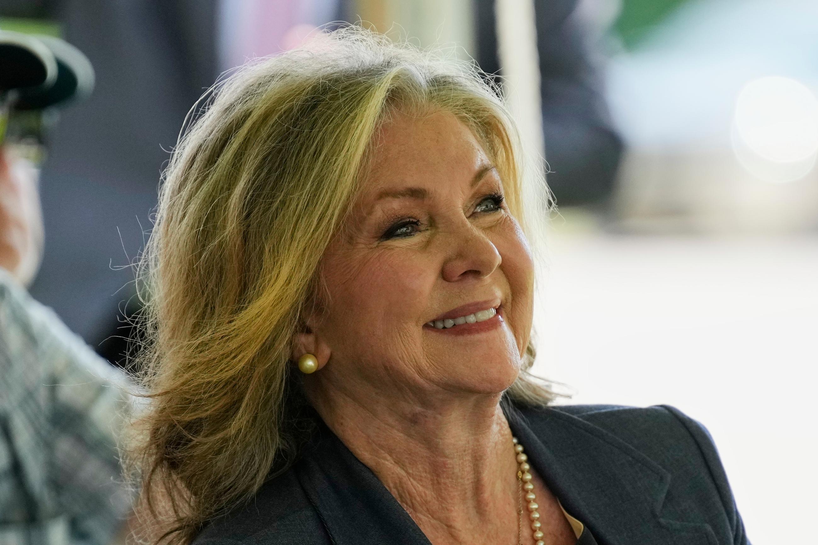 Sen. Marsha Blackburn, R-Tenn., attends a ceremony to rename a bridge after President Donald J. Trump, Thursday, July 9, 2026, in Dandridge, Tenn. (AP Photo/George Walker IV)