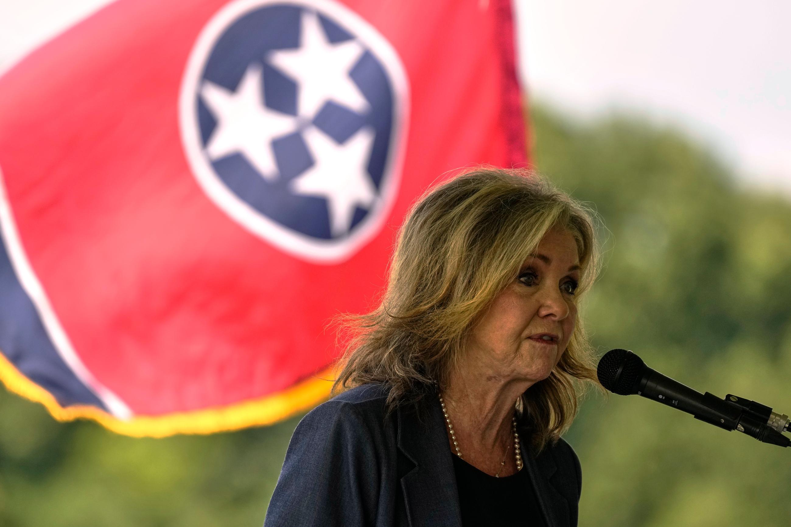 Sen. Marsha Blackburn, R-Tenn., speaks during a ceremony to rename a bridge after President Donald J. Trump, Thursday, July 9, 2026, in Dandridge, Tenn. (AP Photo/George Walker IV)