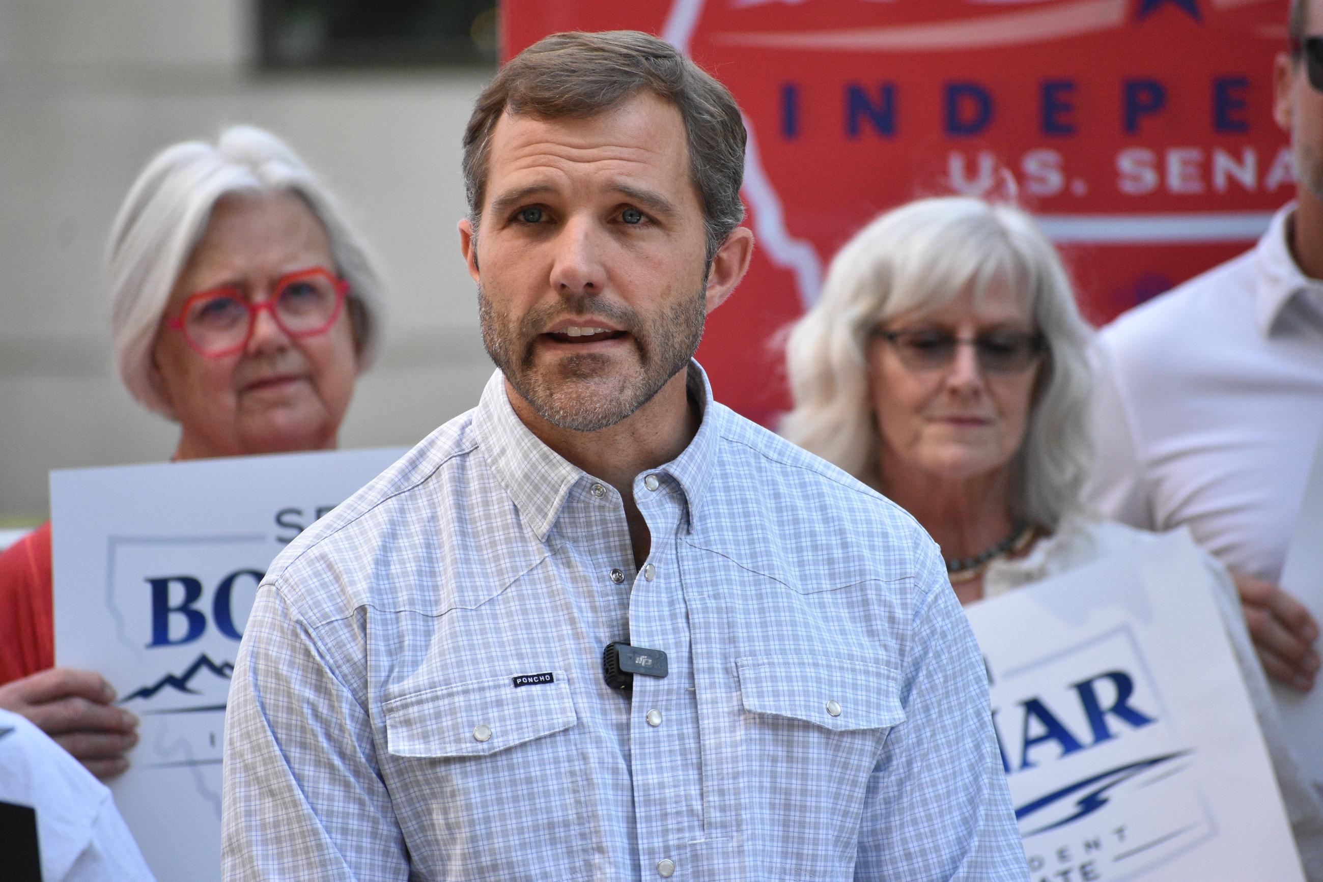 Seth Bodnar, an independent candidate for a U.S. Senate seat in Montana, speaks to supporters and the press outside the Yellowstone County Courthouse, Aug. 7, 2026, in Billings, Montana. (AP Photo/Matthew Brown)