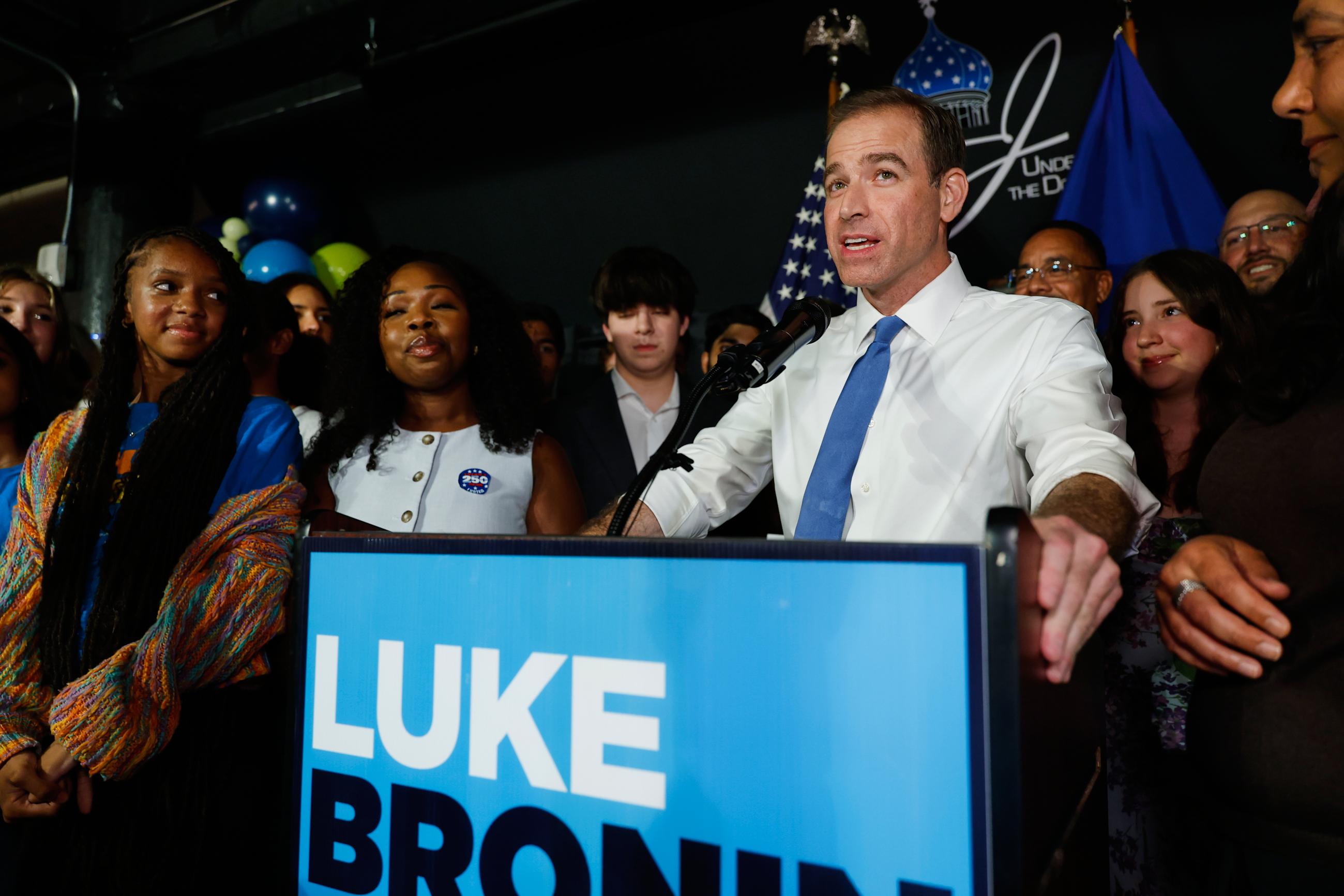 Luke Bronin, former Hartford mayor and Democratic candidate for Connecticut's 1st congressional district, speaks during an election night watch party Tuesday, Aug. 11, 2026, in Hartford, Conn. (AP Photo/Rusty Jones)