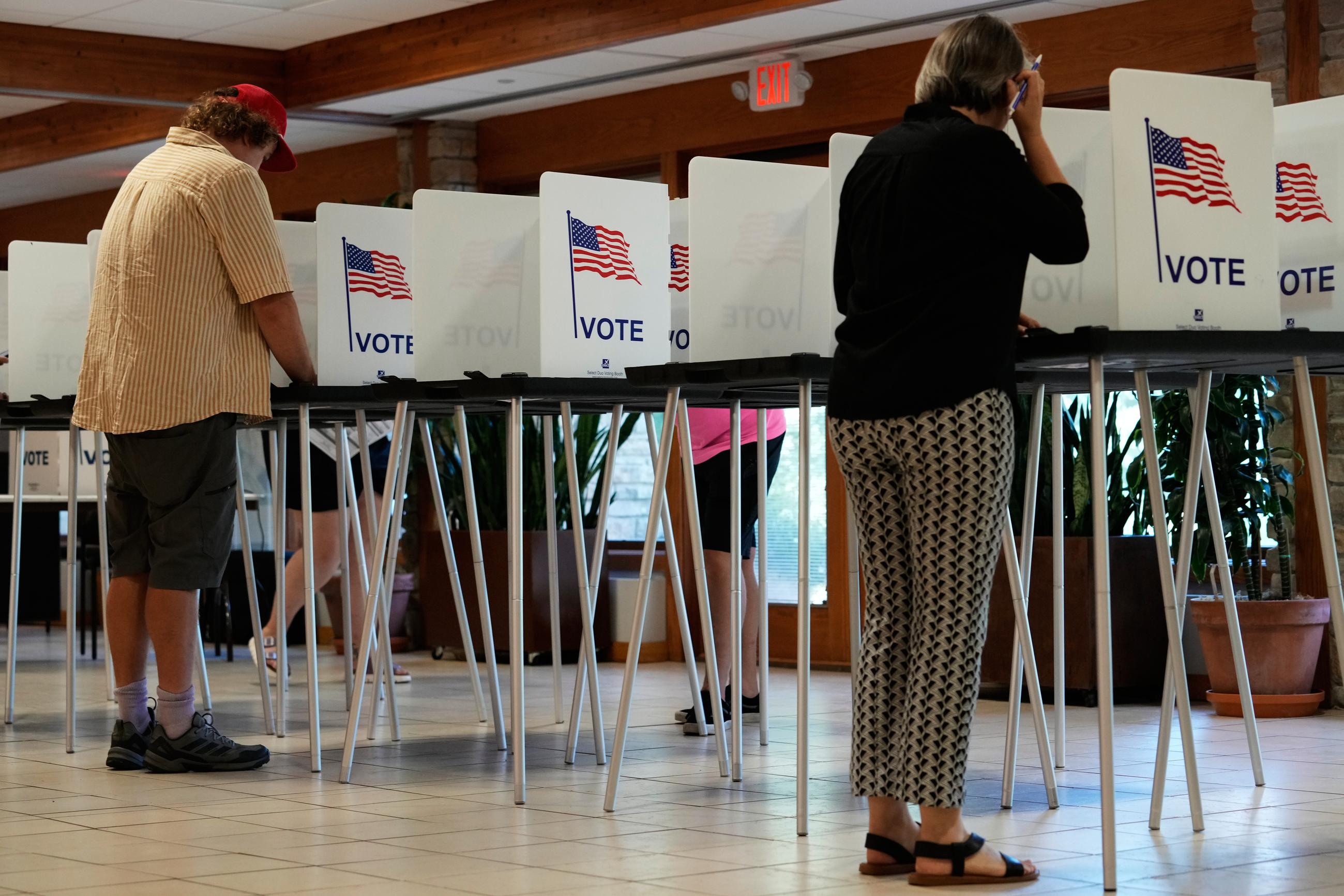 Voters cast their ballots at a polling station in Olbrich Gardens in Madison, Wis., Tuesday, Aug. 11, 2026. (AP Photo/Nam Y. Huh)