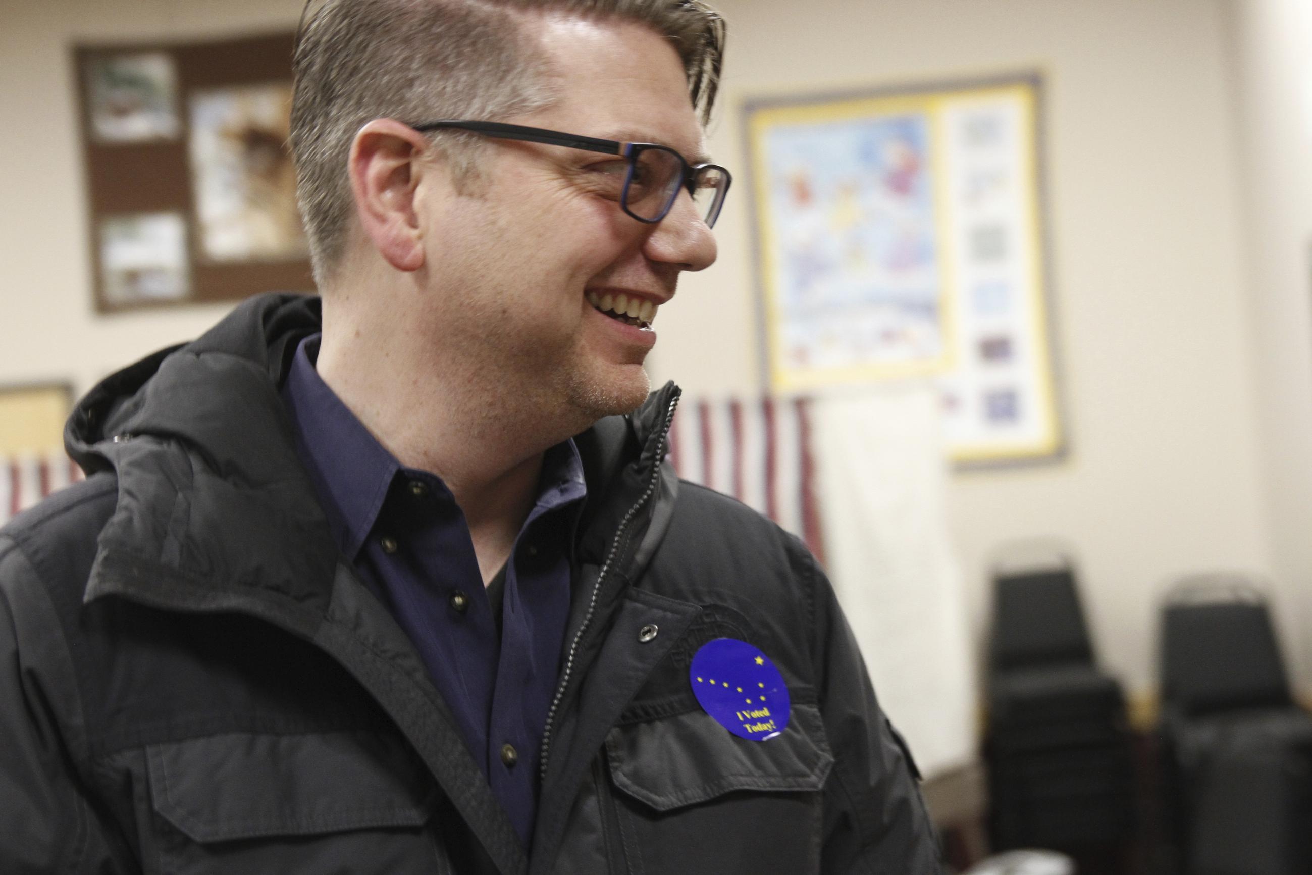 Republican Nick Begich, the main challenger trying to unseat U.S. Rep. Mary Peltola, D-Alaska, wears an "I Voted Today" button after casting an early ballot Monday, Nov. 4, 2024, in Eagle River, Alaska. (AP Photo/Mark Thiessen)