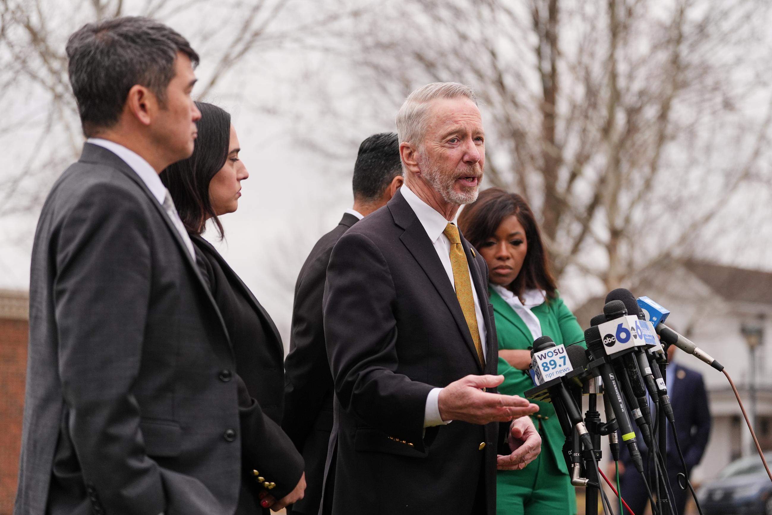 Rep. Stephen Lynch, D-Mass., speaks during a press conference following the congressional deposition of Les Wexner in the Jeffrey Epstein case, Wednesday, Feb. 18, 2026, in New Albany, Ohio. (AP Photo/Joshua A. Bickel)