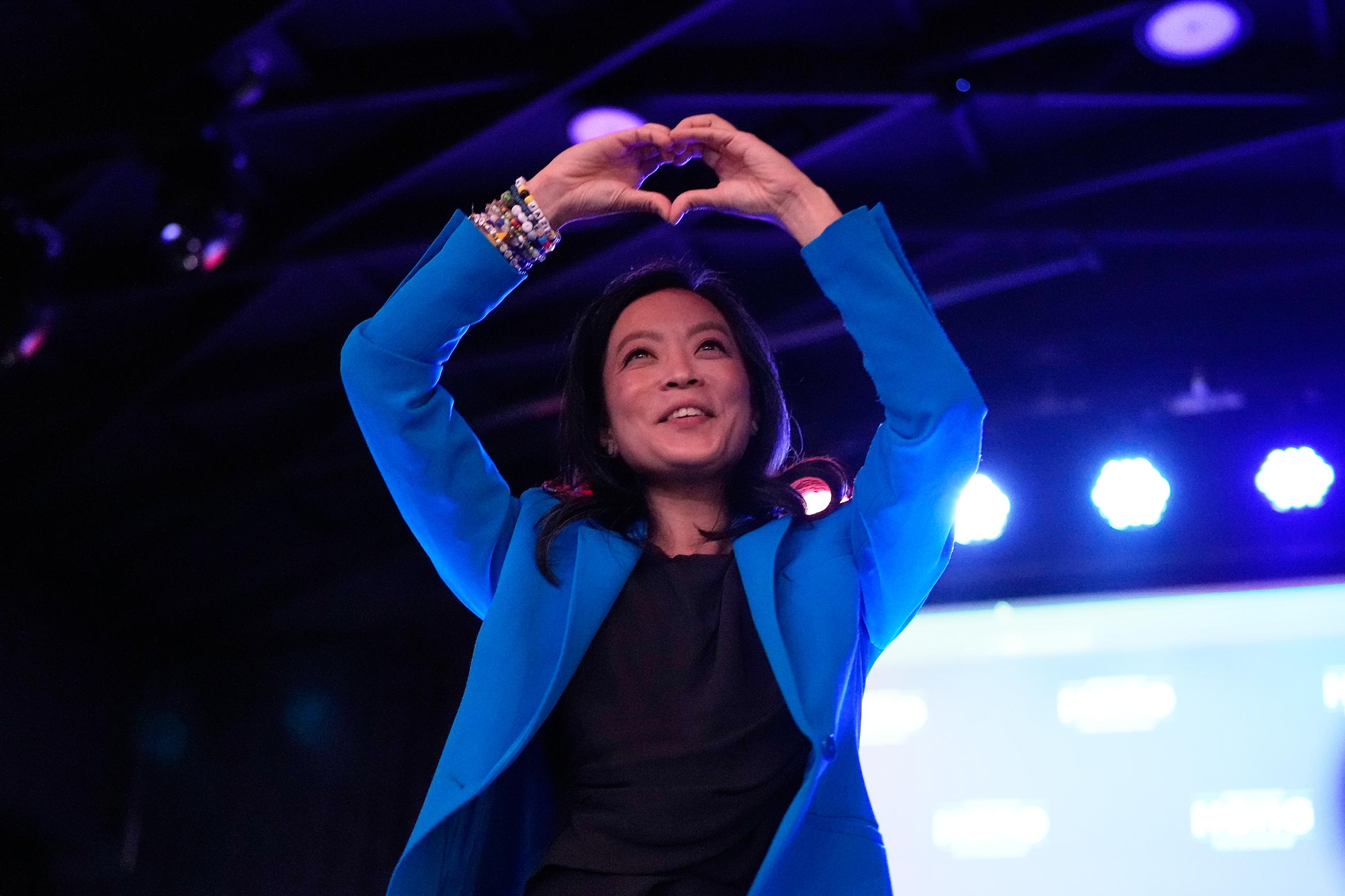 Wisconsin Democratic gubernatorial candidate Francesca Hong at a primary night watch party on Aug. 11 in Madison, Wis. (AP Photo/Nam Y. Huh)
