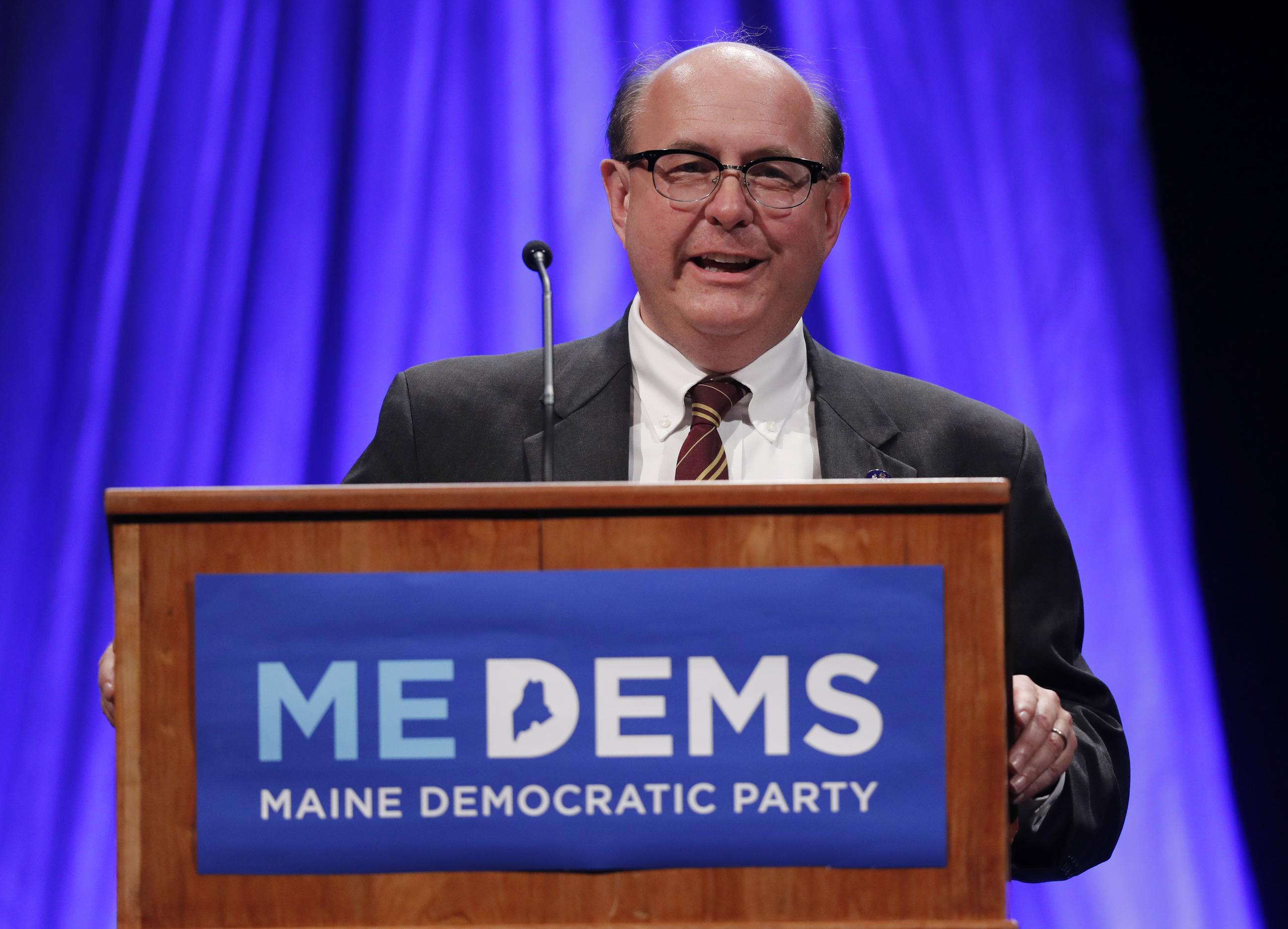 Then-Secretary of State Matt Dunlap addresses the Maine Democratic Convention, Friday, May 18, 2018, in Lewiston, Maine. (AP Photo/Robert F. Bukaty)