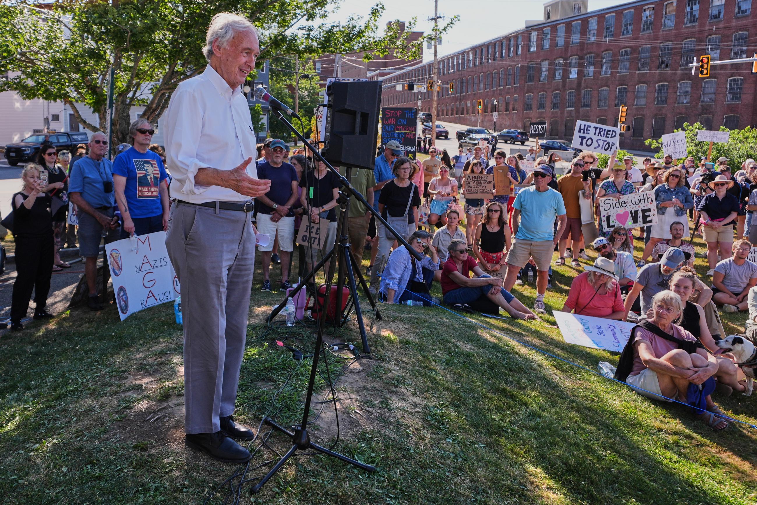 U.S. Sen. Ed Markey, D-Mass., addresses a gathering during a vigil for Johan Sebastian Duran Guerrero, a Colombian national who was shot and killed by an ICE agent, Friday, July 17, 2026, in Biddeford, Maine. (AP Photo/Charles Krupa)
