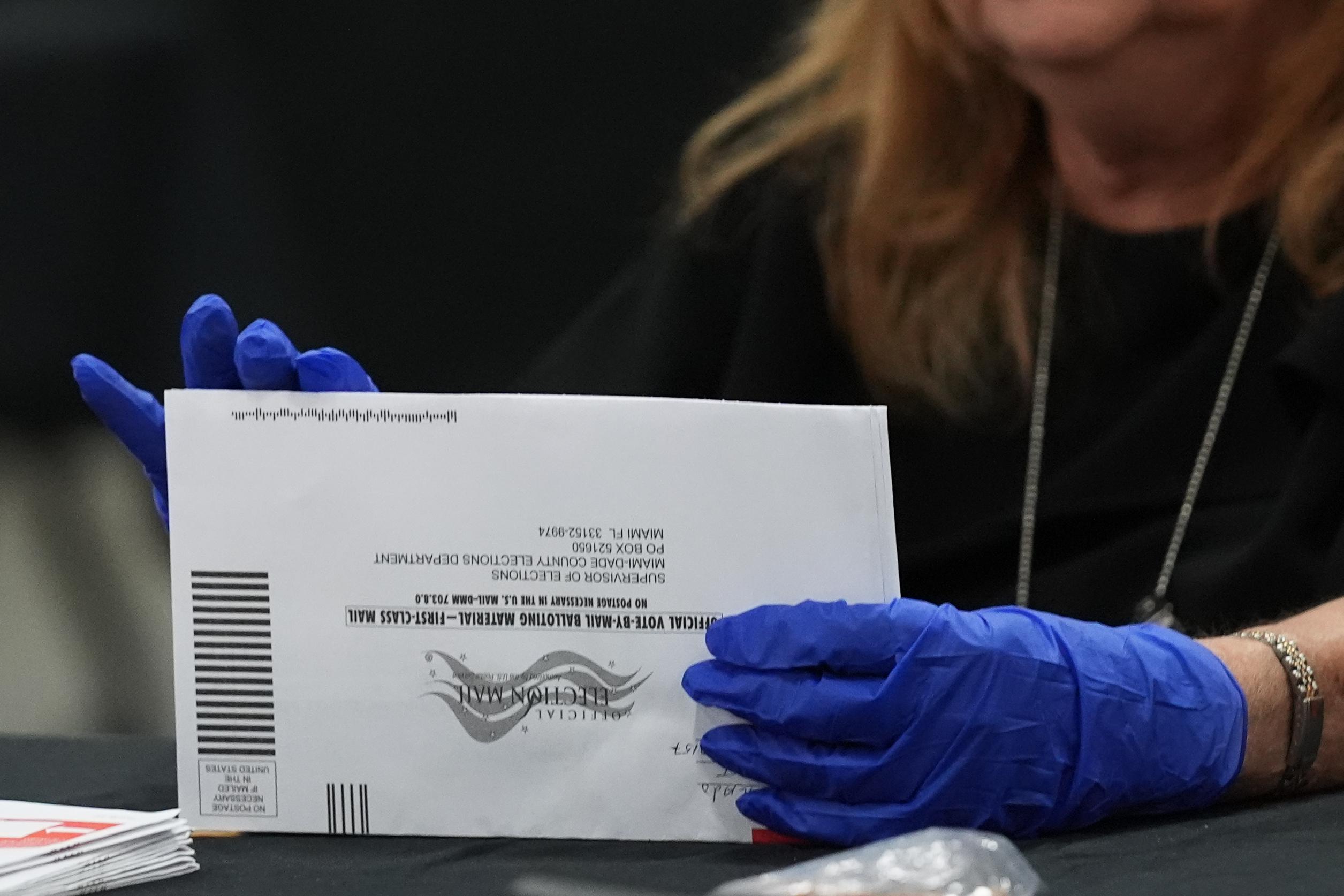 An election worker sorts vote-by-mail ballots at the Miami-Dade County Supervisor of Elections Office for the Florida primary election in Doral, Fla., on Aug. 18. (AP Photo/Lynne Sladky)