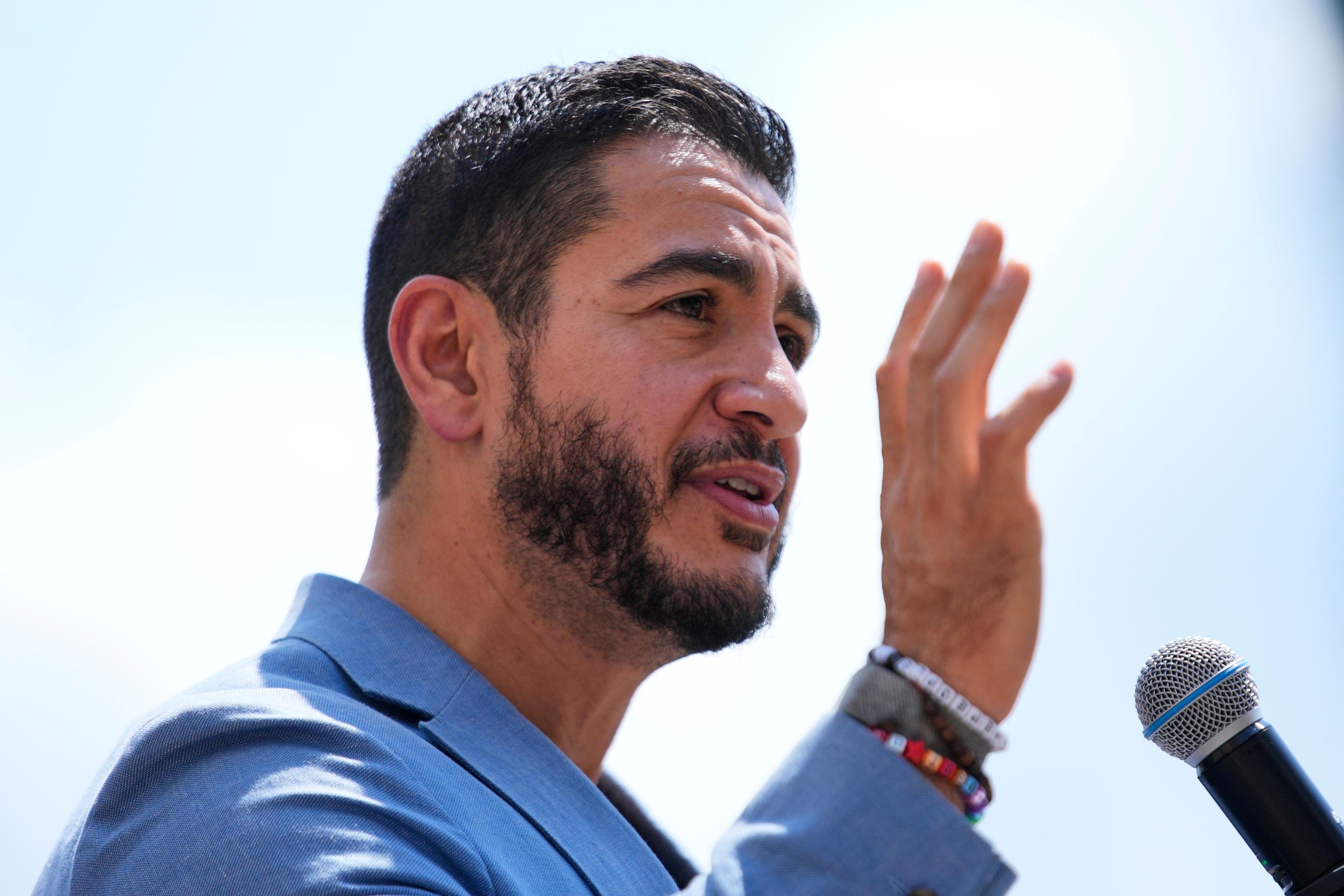 Democratic nominee for U.S. Senate Abdul El-Sayed speaks at a news conference at the base of the Spirit of Detroit monument in Detroit, Wednesday, Aug. 19, 2026. (AP Photo/Paul Sancya)