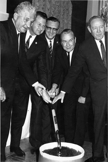 In attendance for groundbreaking ceremonies at Cleveland State University's Science Building  in 1966 were (left to right) Sen. Frank Lausche, CSU President Harold Enarson, Cleveland Mayor Ralph Locher, Ohio Gov. Jim Rhodes, and CSU Board of Trustees Chairman James Nance.