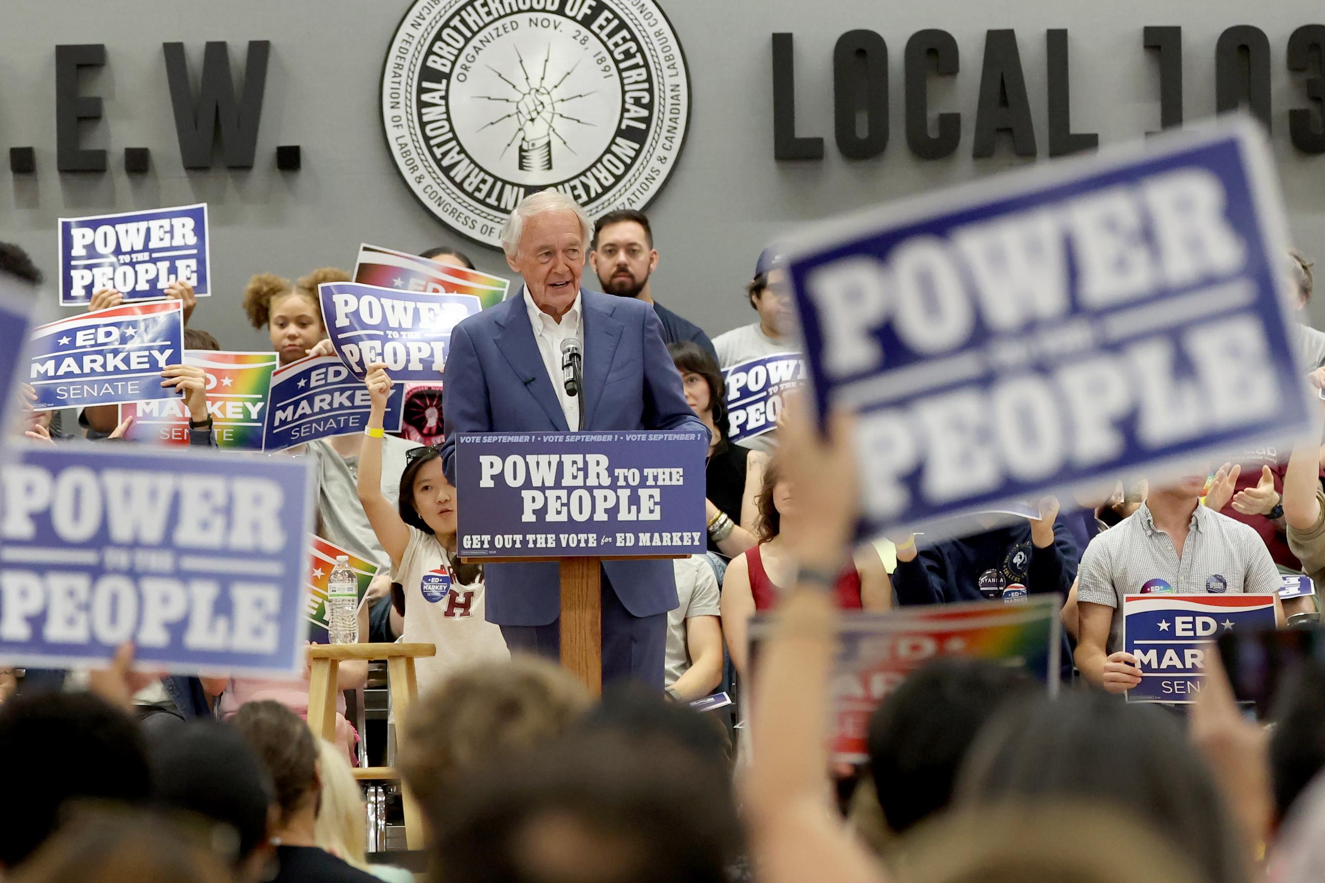 Sen. Ed Markey speaks during a Get Out the Vote event supporting Markey, Saturday, Aug. 29, 2026 in Boston. (AP Photo/Mark Stockwell)
