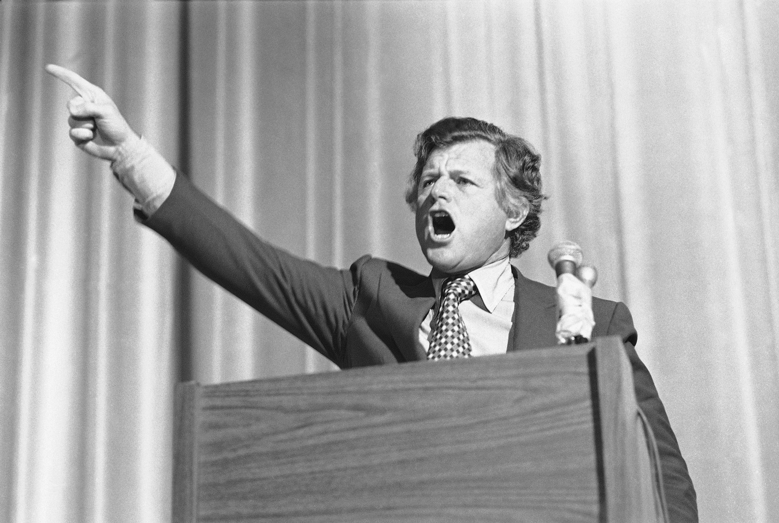 Sen. Edward Kennedy at a health care policy workshop at the Democratic Mid-Term Conference on Dec. 9, 1978 (AP Photo)