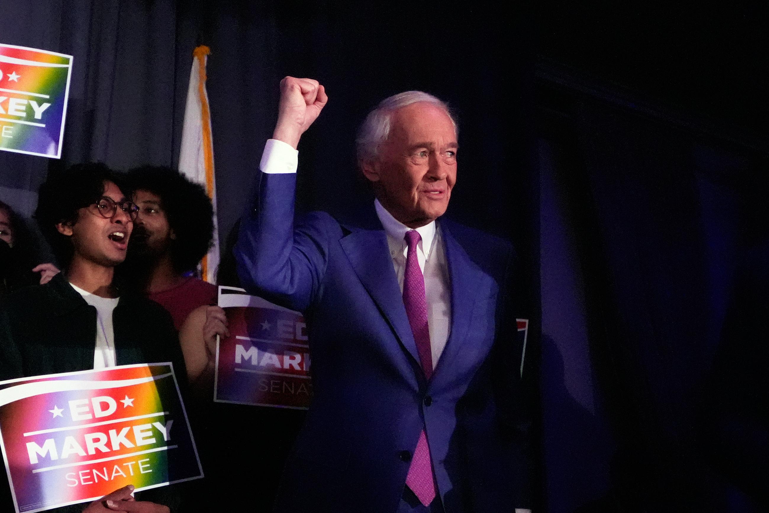 U.S. Sen. Edward Markey, D-Mass., gestures after winning the Democratic nomination during a primary election night event Tuesday, Sept. 1, 2026, in Boston. (AP Photo/Charles Krupa)