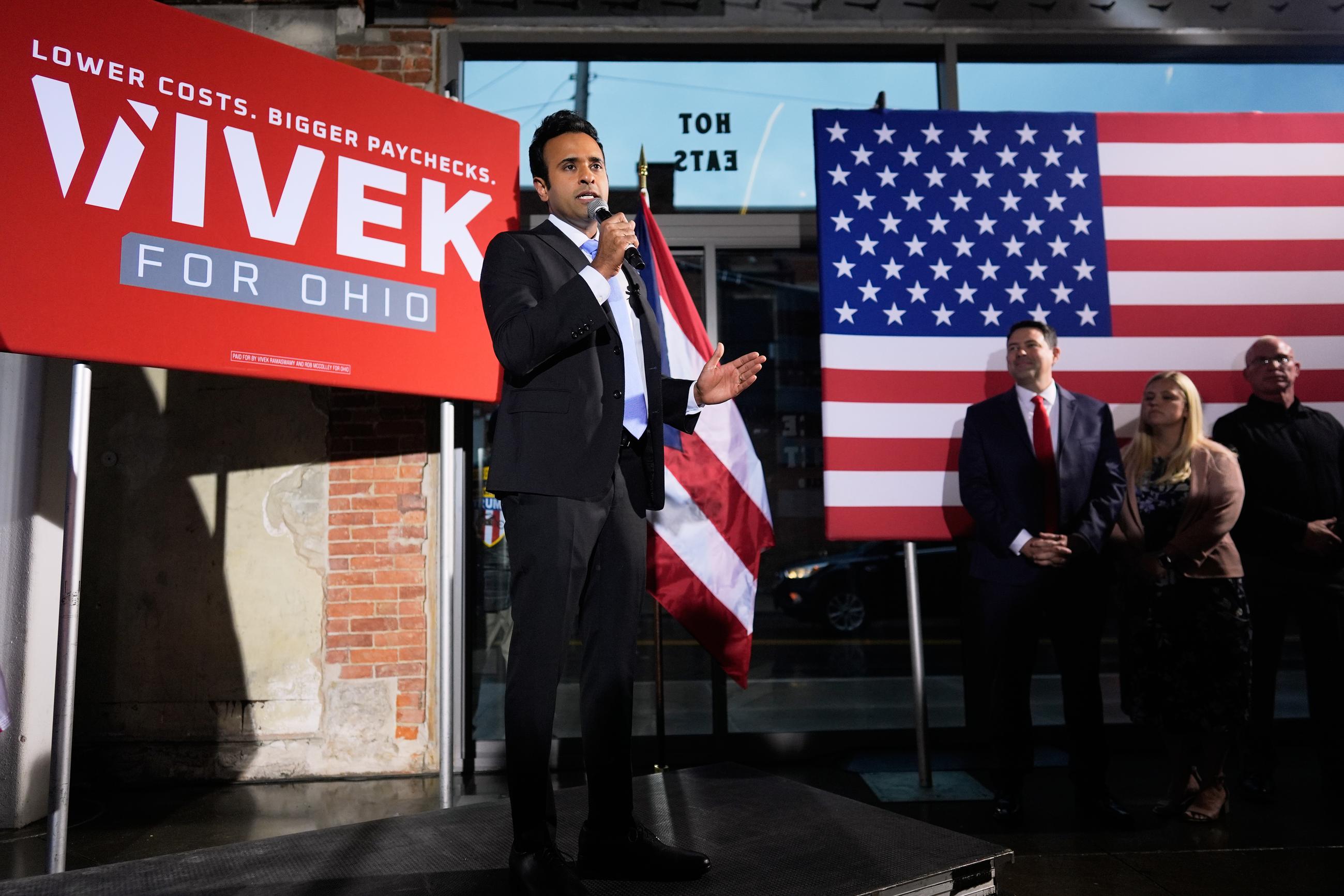 Republican Ohio gubernatorial candidate Vivek speaks during a watch party at the Spruce St. Sporting sports bar after winning the party's nomination for governor Tuesday, May 5, 2026, in Columbus. (AP Photo/Carolyn Kaster)