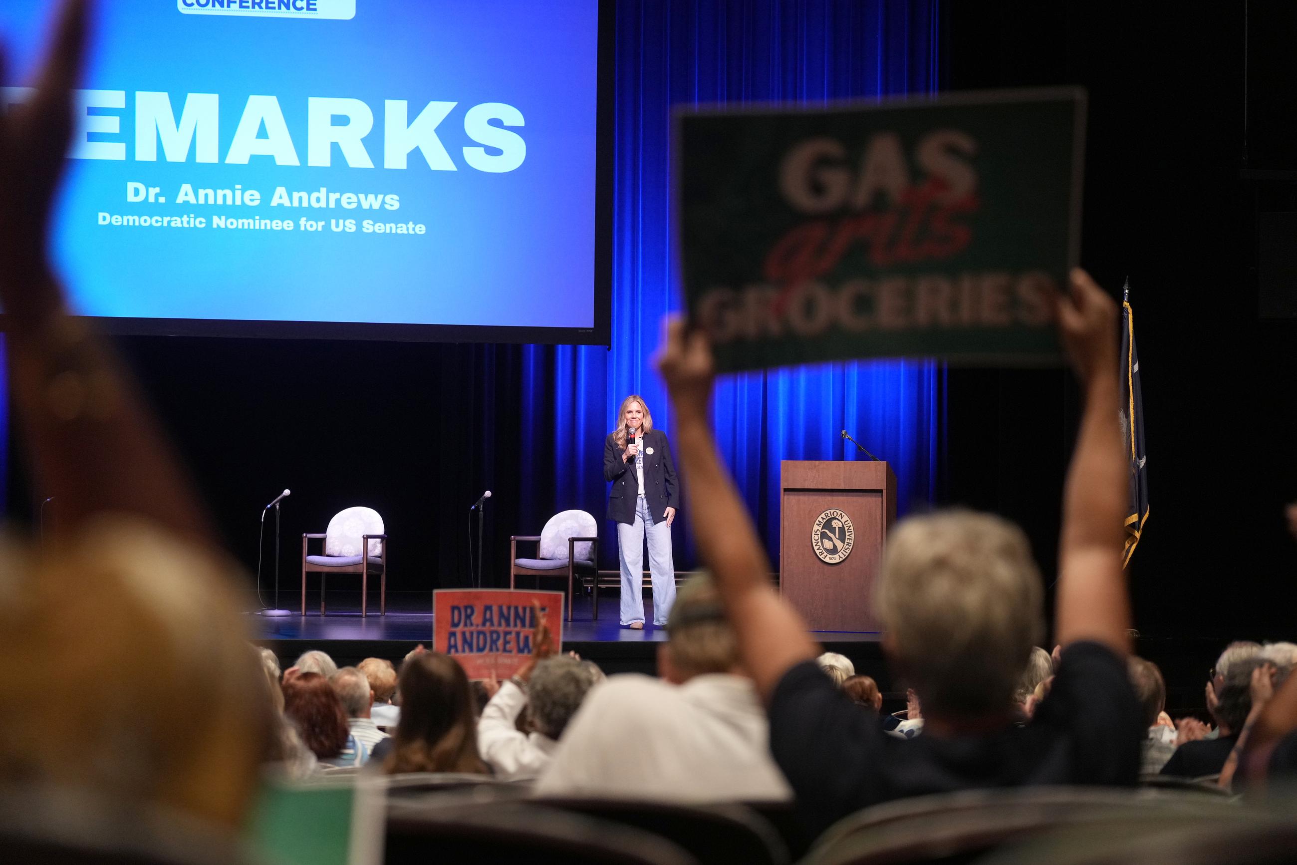 South Carolina Democratic Senate nominee Annie Andrews speaks to attendees at the Spratt Issues Conference, hosted by the South Carolina Democratic Party, Saturday, Aug. 22, 2026, in Florence, S.C. (AP Photo/Meg Kinnard)