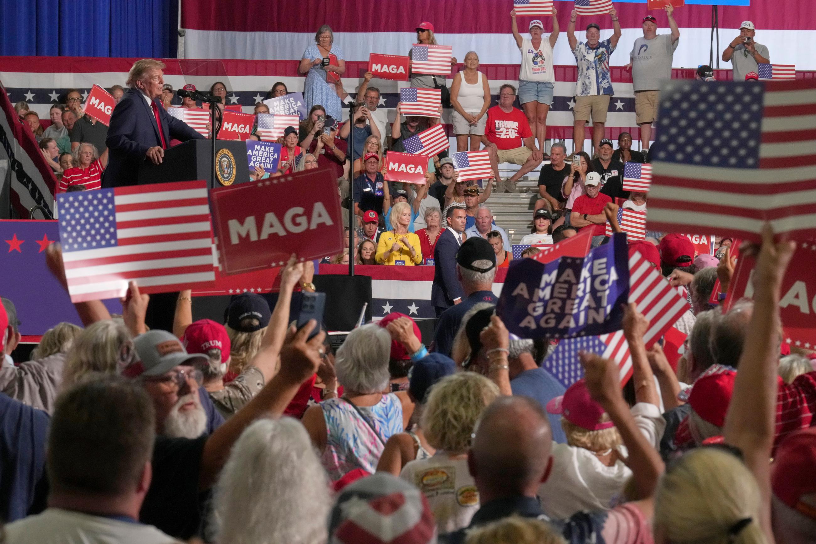 President Donald Trump speaks at a campaign rally for Sen. Darline Graham, R-S.C., at the Myrtle Beach Convention Center in Myrtle Beach, S.C., Friday, Aug. 21, 2026. (AP Photo/Jacquelyn Martin)