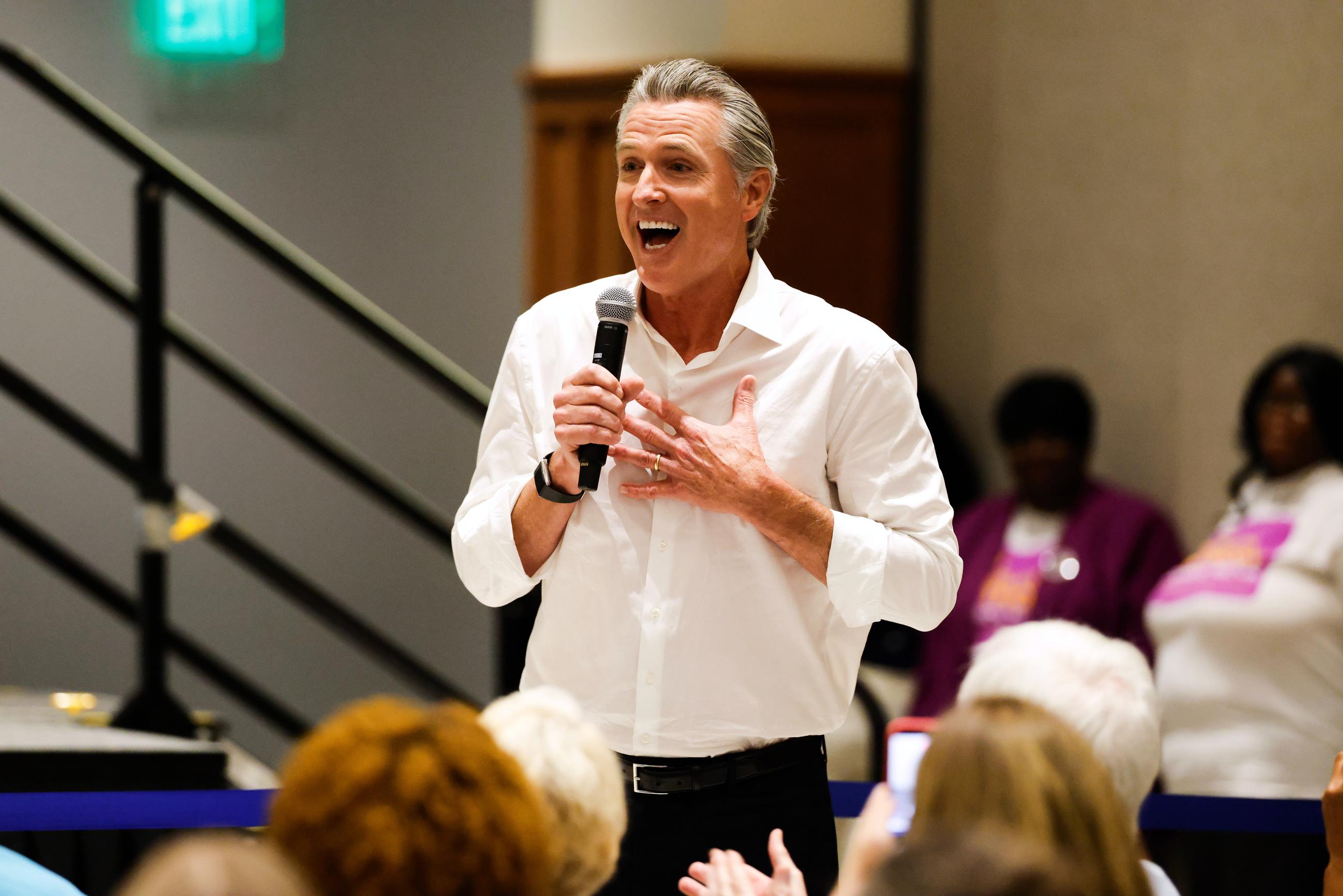 California Gov. Gavin Newsom speaks at a rally for democratic candidates Saturday, Sept. 5, 2026, in Monroe, N.C. (AP Photo/Nell Redmond)