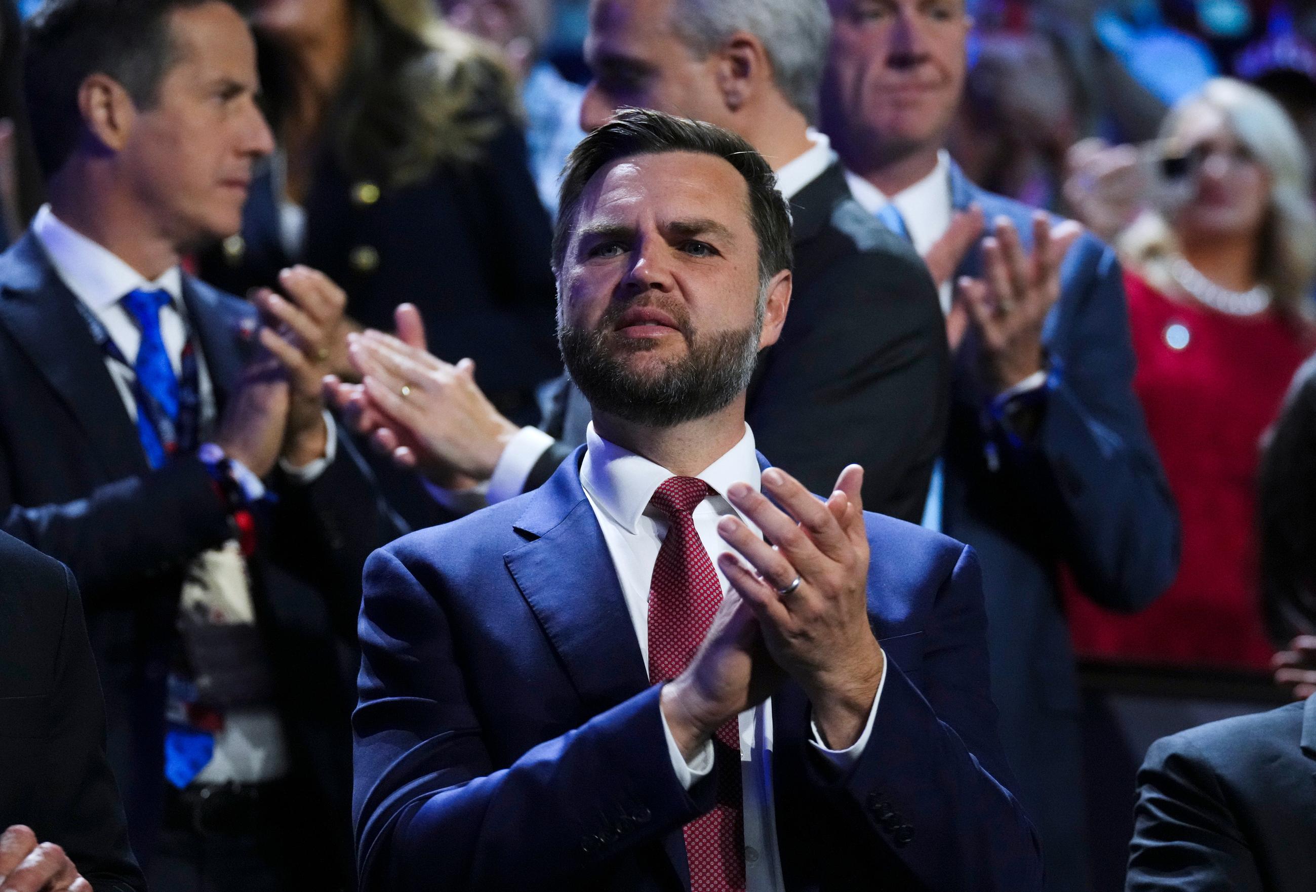 Vice President J.D. Vance applauds during the Republican National Midterm Convention in Dallas on Sept. 9. (Eric Lee/Pool photo via AP)