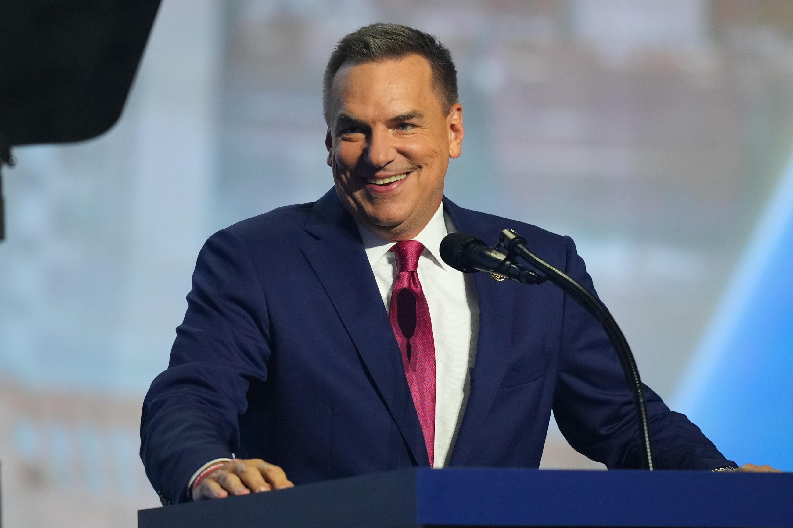 Rep. Richard Hudson, R-N.C., arrives to speak at the Republican convention Thursday, Sept. 10, 2026, in Dallas. (AP Photo/Julio Cortez)