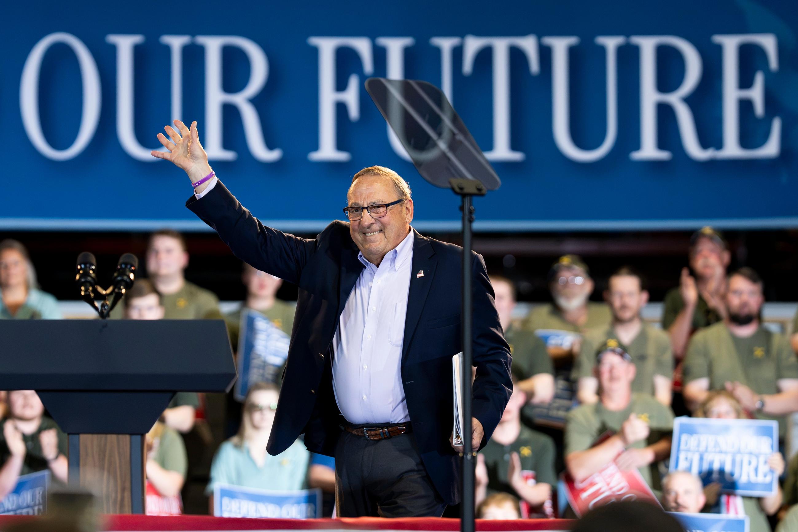 Former Maine Gov. Paul LePage, a candidate for Maine's second congressional House district, greets supporters before Vice President JD Vance spoke during a visit to Compotech, a composite technology company, Monday, Aug. 24, 2026, in Brewer, Maine. (AP Photo/Gabe Souza)