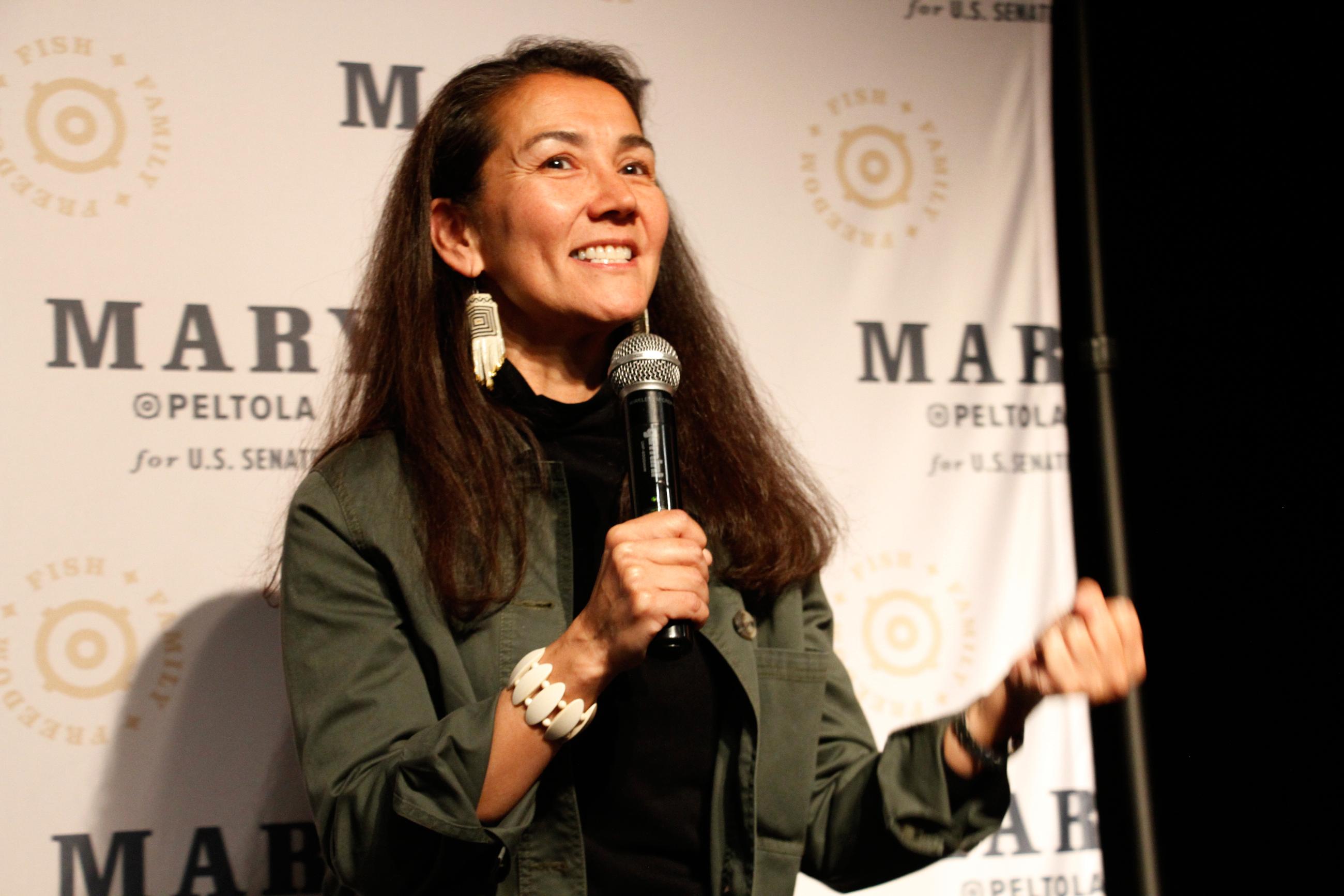 Mary Peltola, a Democrat running for the U.S. Senate seat in Alaska, addresses supporters at an election watch party in Anchorage on Aug. 18. (AP Photo/Mark Thiessen)