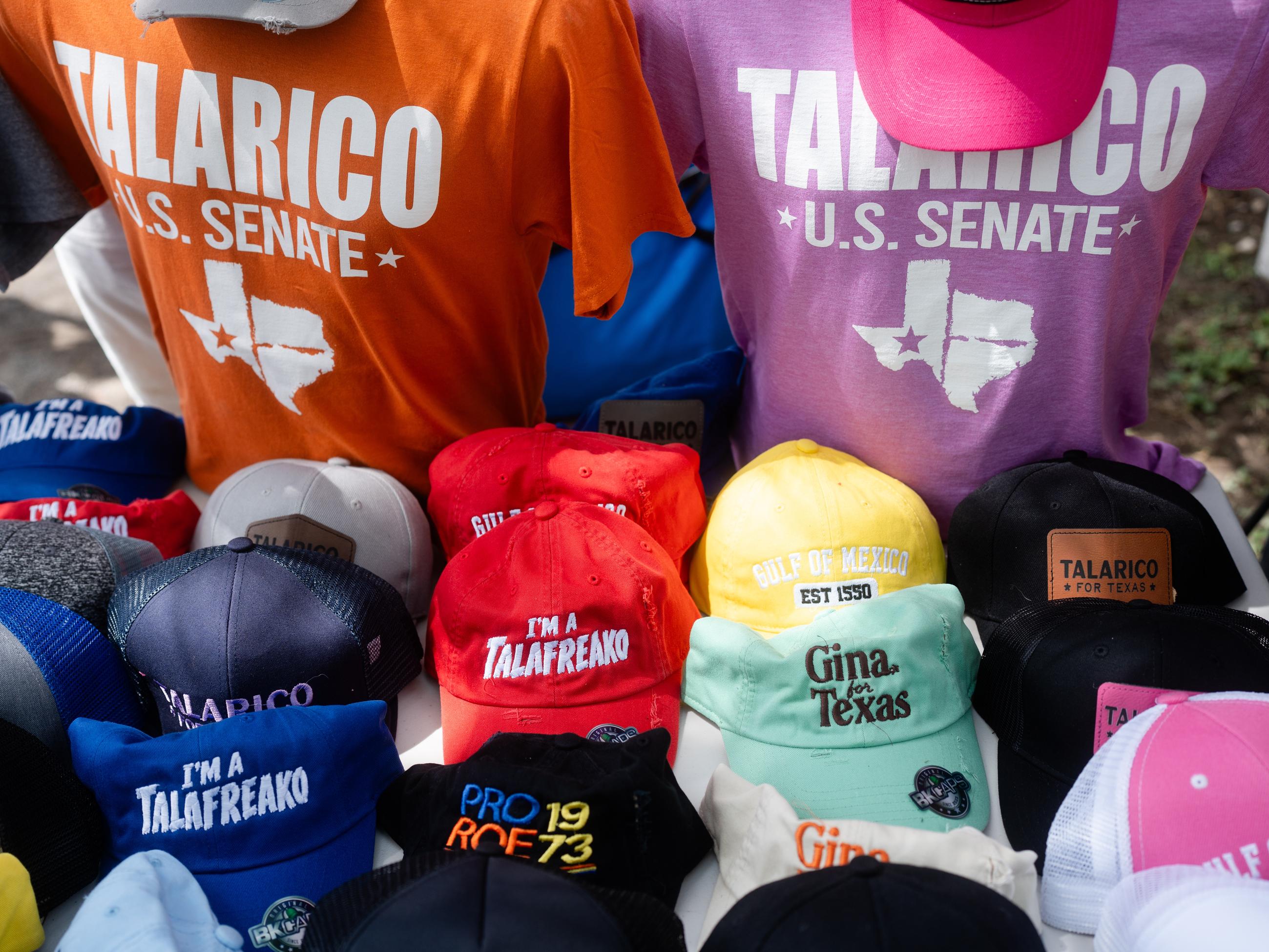 Merchandise for Democratic Senate candidate James Talarico is displayed at a rally in Del Rio, Texas, in July. (AP Photo/Brenda Bazán)