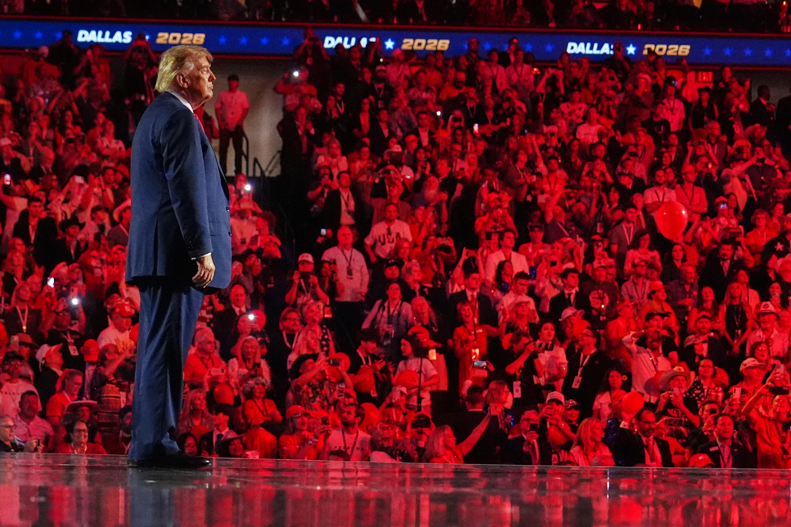 President Donald Trump stands on stage after speaking at the Republican convention, Thursday, Sept. 10, 2026, in Dallas. (AP Photo/Julia Demaree Nikhinson)