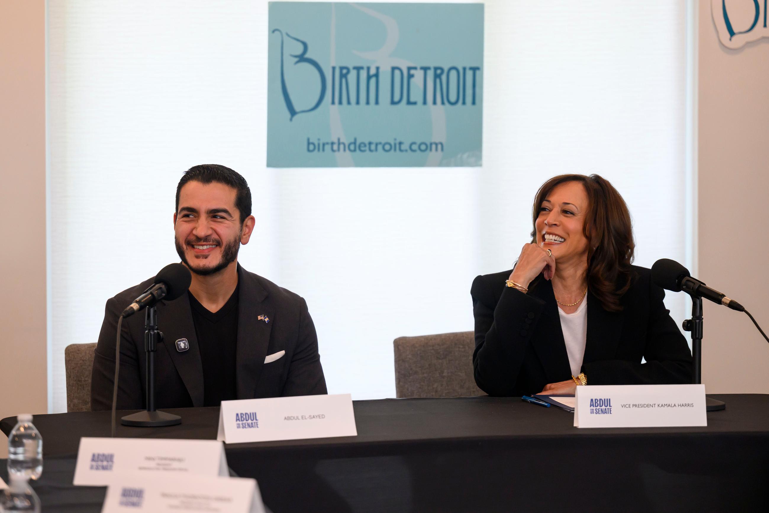 Senatorial candidate Abdul El-Sayed and former Vice President Kamala Harris participate in a roundtable discussion about reproductive health in Detroit on Sept. 22. (David Guralnick/Detroit News via AP, Pool)
