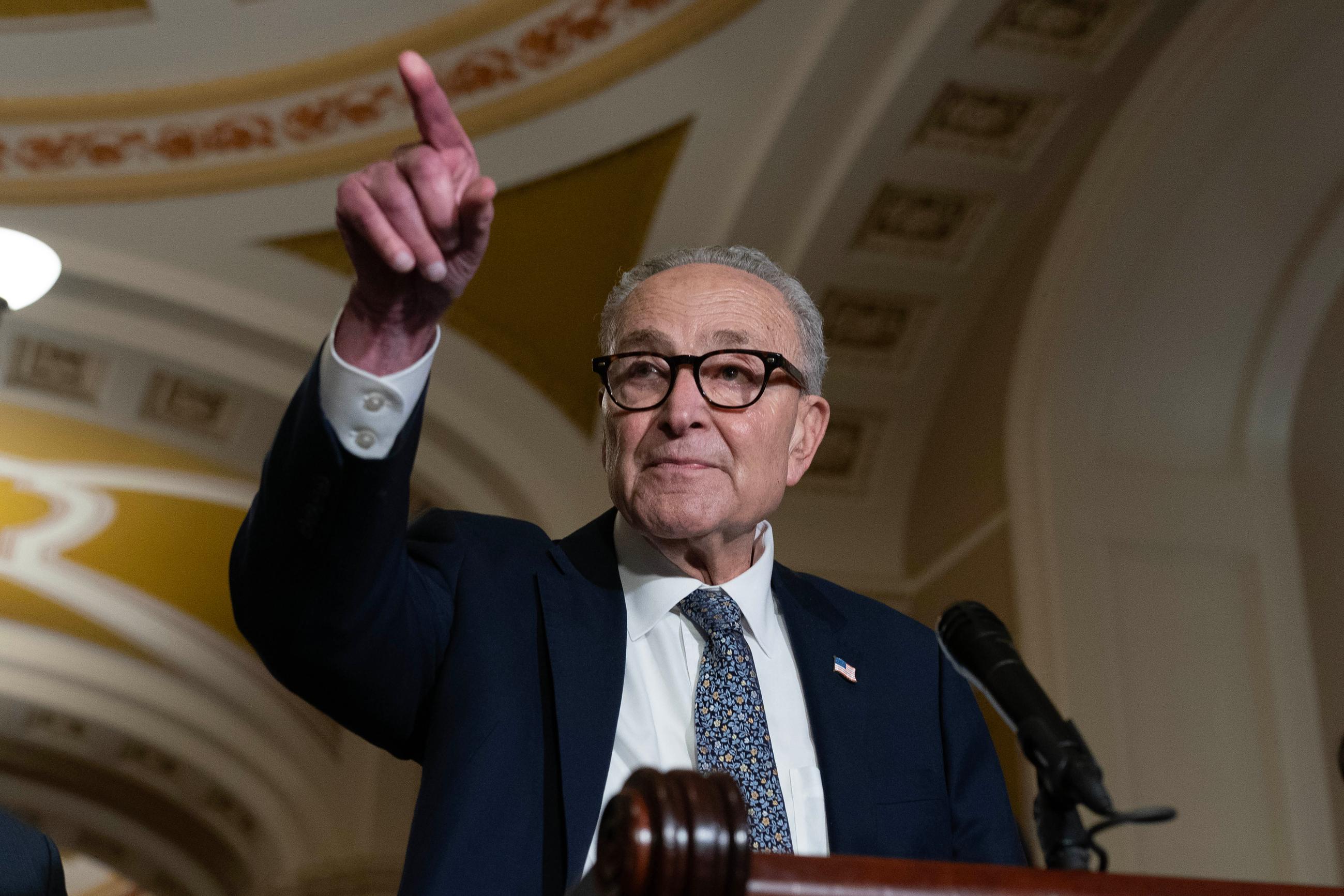 Senate Minority Leader Chuck Schumer, D-N.Y., takes questions from reporters after a weekly luncheon, at the Capitol, Tuesday, Sept. 15,, 2026, in Washington. (AP Photo/Jose Luis Magana)