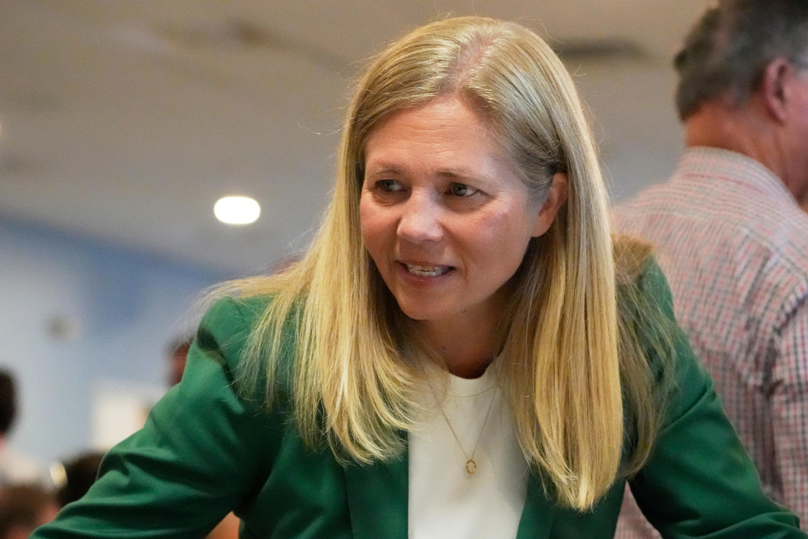 Hannah Pingree, Democratic candidate for governor, speaks to attendees at the Southern Maine Labor Council breakfast, Monday, Sept. 7, 2026, in South Portland, Maine. (AP Photo/Robert F. Bukaty)