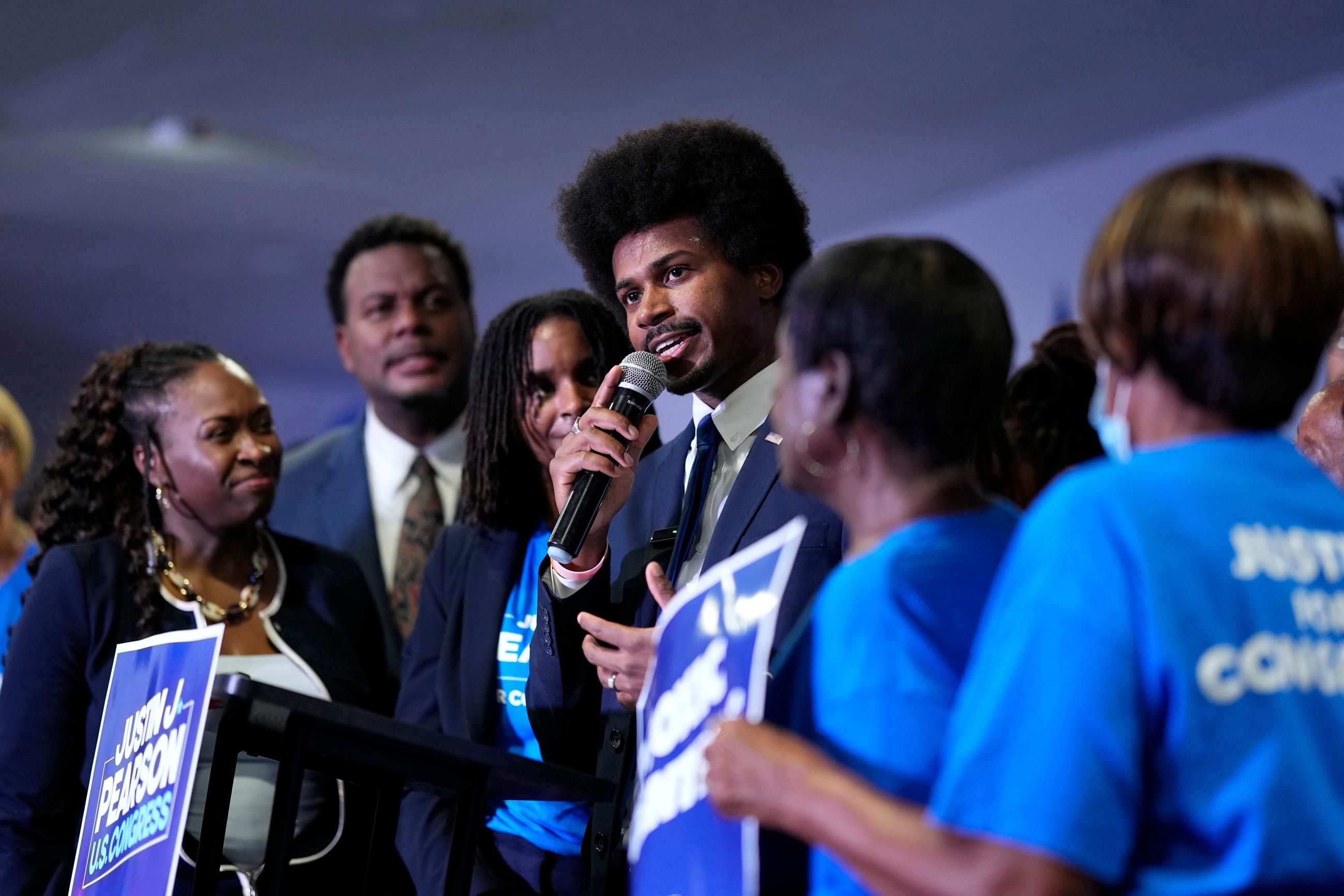 Democratic congressional candidate State Rep. Justin J. Pearson speaks to supporters at a primary election night party on Thursday, Aug. 6, 2026, in Memphis, Tenn. (AP Photo/George Walker IV)