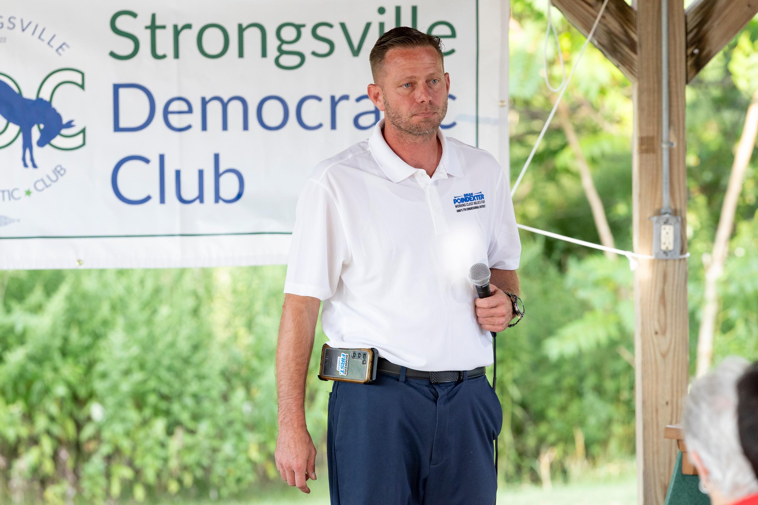 Brian Poindexter, Democratic nominee for Ohio's 7th congressional district, speaks at the Strongsville Democratic Club meeting Wednesday, Aug. 5, 2026, in Strongsville, Ohio. (AP Photo/Nate Manley)