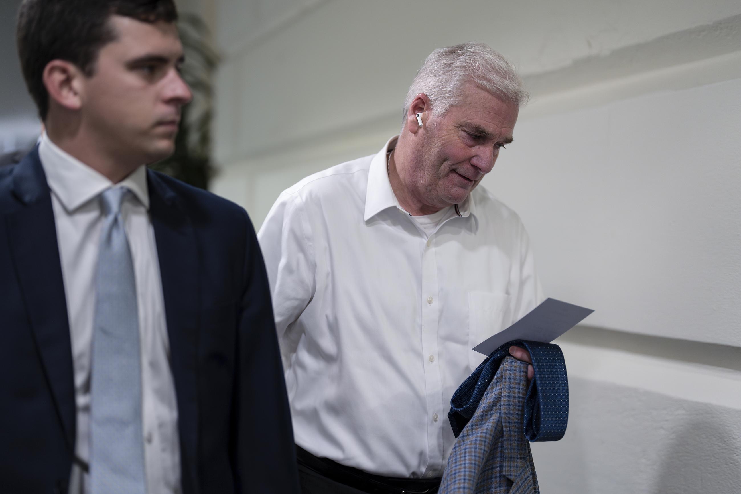 House Majority Whip Tom Emmer, R-Minn., heads to closed-door meeting with Speaker of the House Kevin McCarthy, R-Calif., and House Republicans after last-ditch plan to keep the government temporarily open collapsed, at the Capitol in Washington, Friday, Sept. 29, 2023. (AP Photo/J. Scott Applewhite)