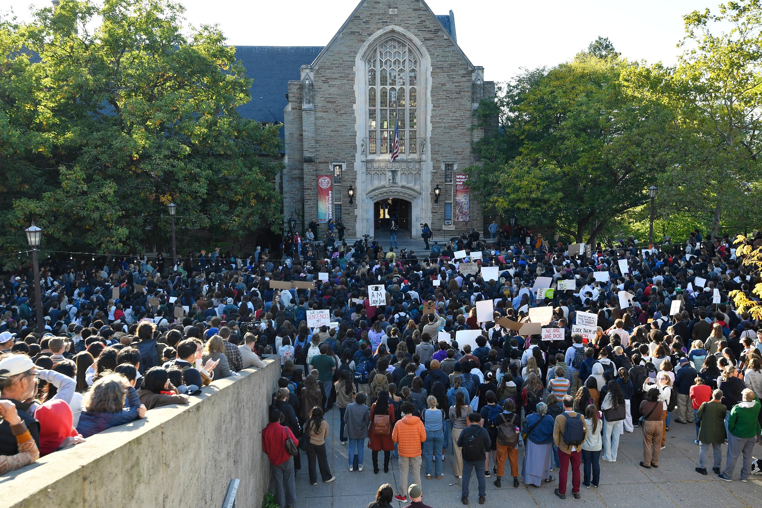 A protest on the campus of Cornell University in Ithaca, N.Y., on Monday against the school's handling of 2024 fraternity-house gang-rape allegations (AP Photo/Adrian Kraus)