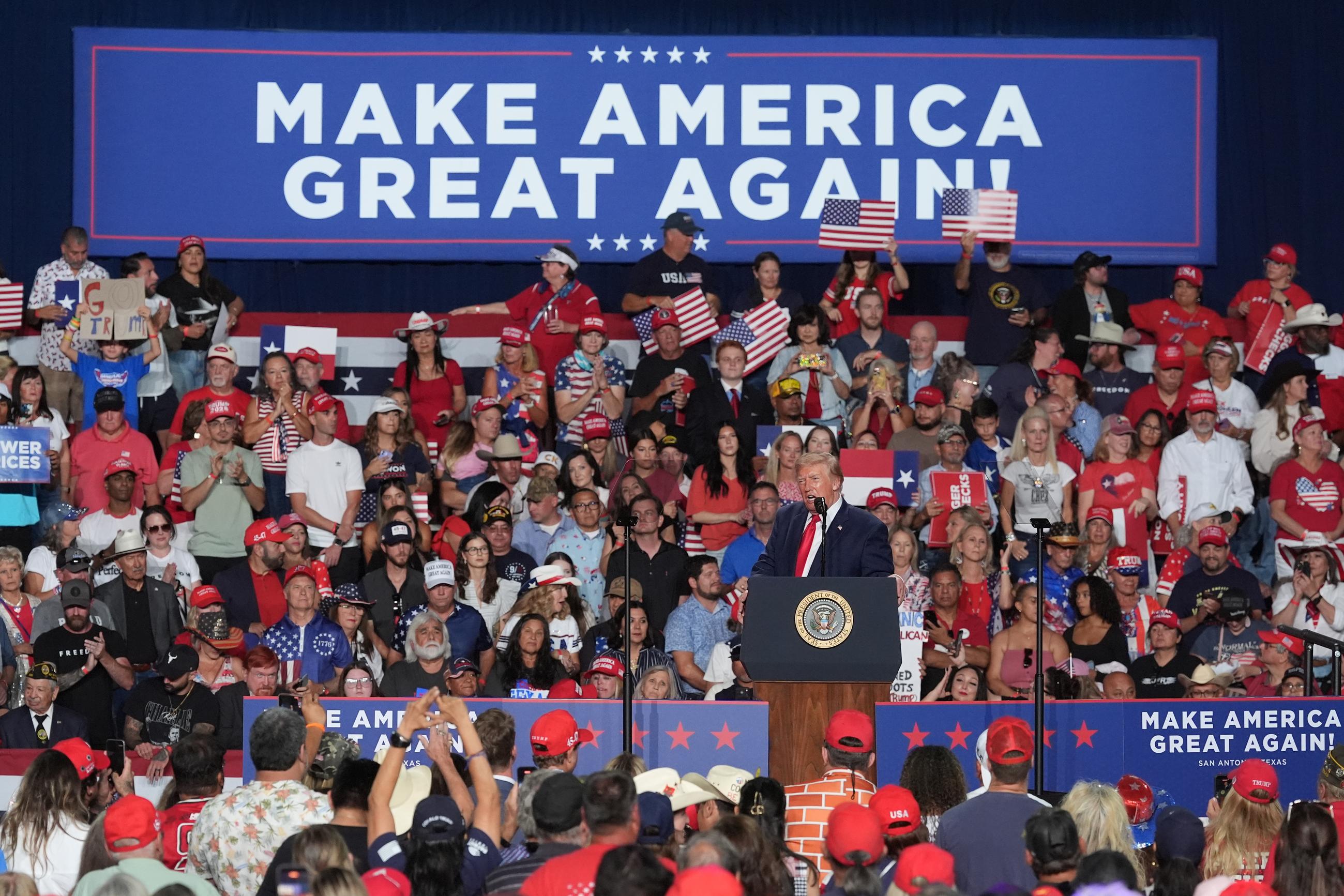 President Donald Trump speaks at a campaign rally at the Freeman Coliseum in San Antonio, Wednesday, Oct. 7, 2026. (AP Photo/Eric Gay)