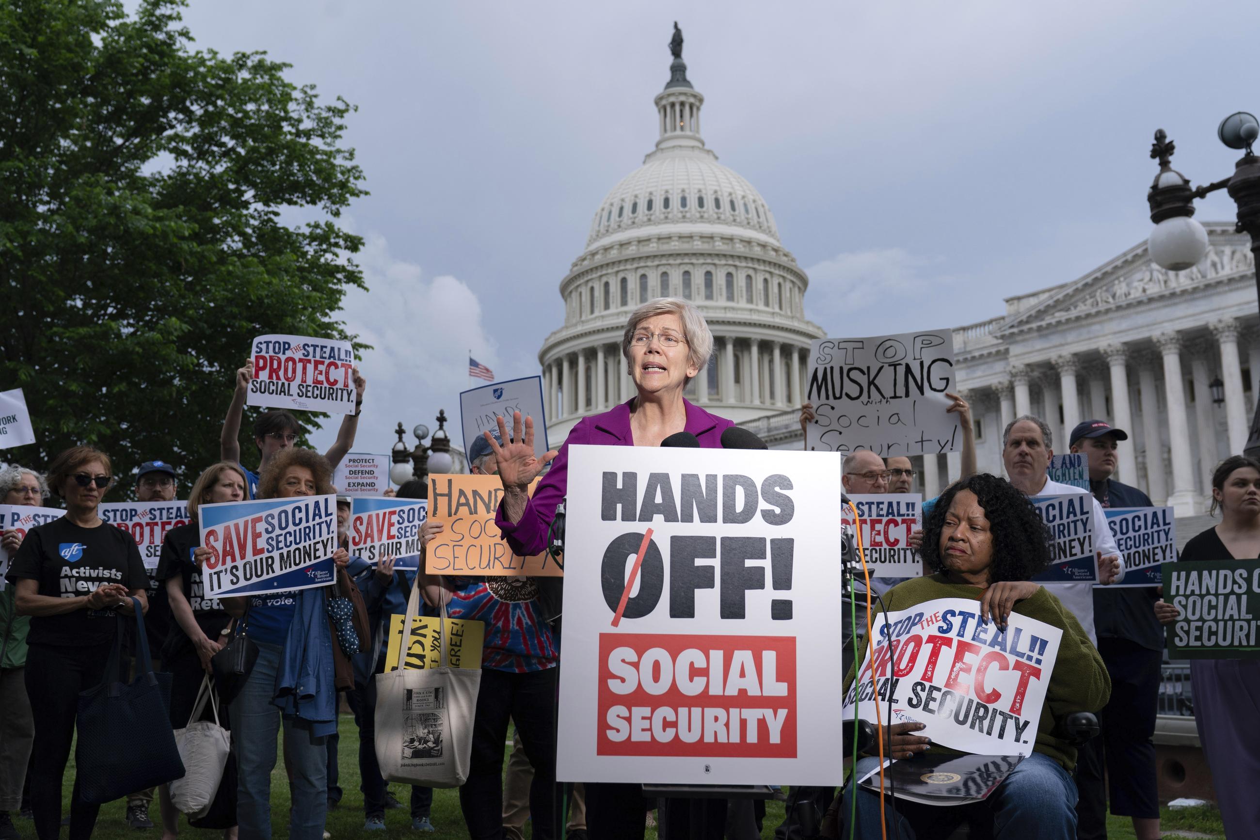 Sen. Elizabeth Warren speaks during a "Hands Off Social Security " rally on Capitol Hill in May 2025. (AP Photo/Jose Luis Magana)