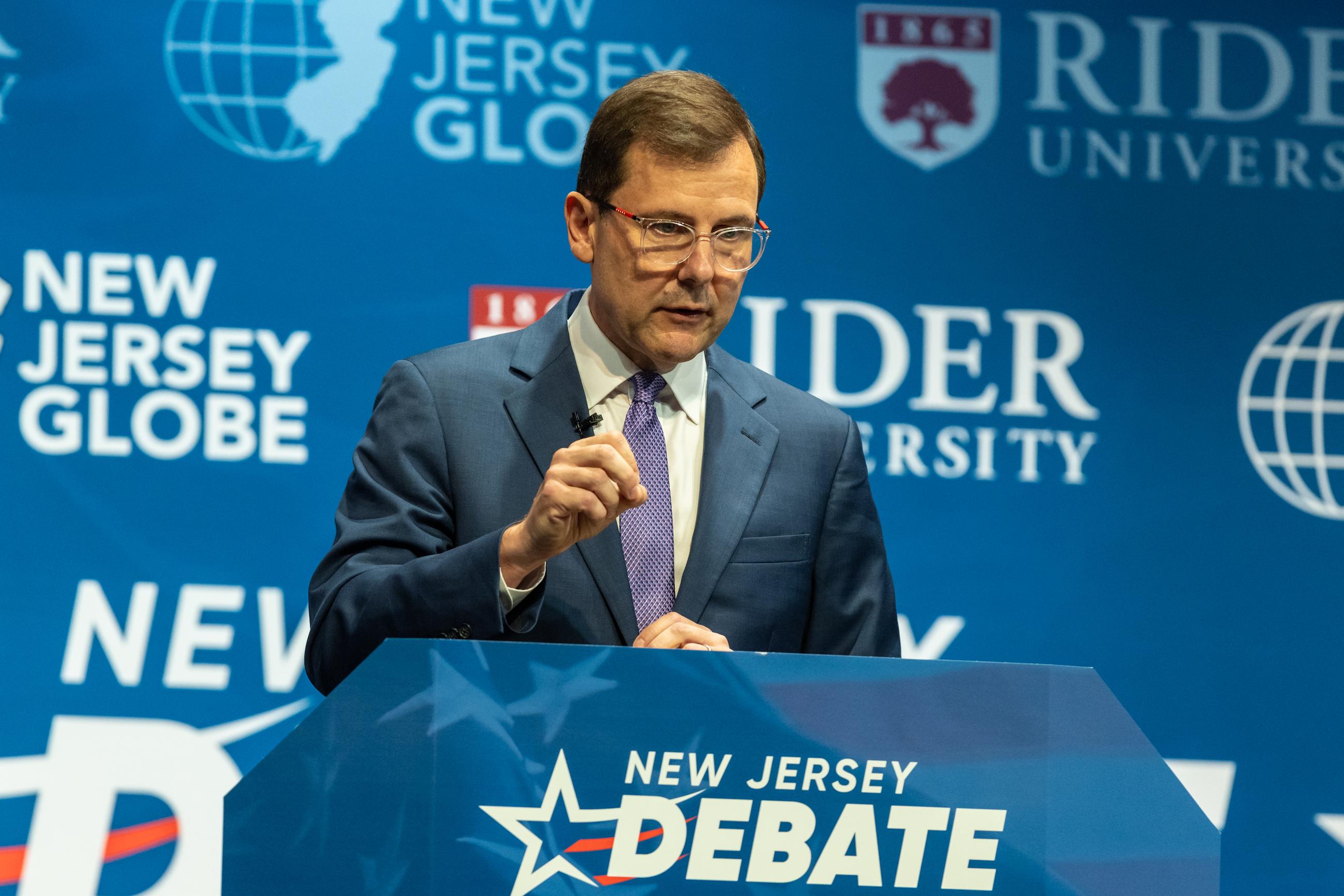 Republican candidate Tom Kean, Jr., speaks during a debate with Rebecca Bennett, the Democratic candidate in the U.S. Congressional District 7 race, Sunday, Sept. 27, 2026, in Rahway, N.J. (AP Photo/Stefan Jeremiah)